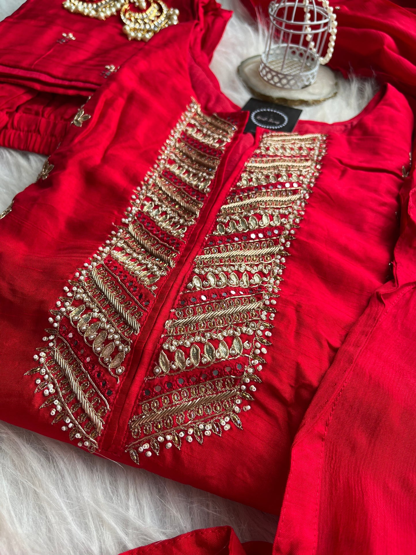 “AAHANA” Dola Silk Party Wear Suit Set With Zardosi & Gota Handwork