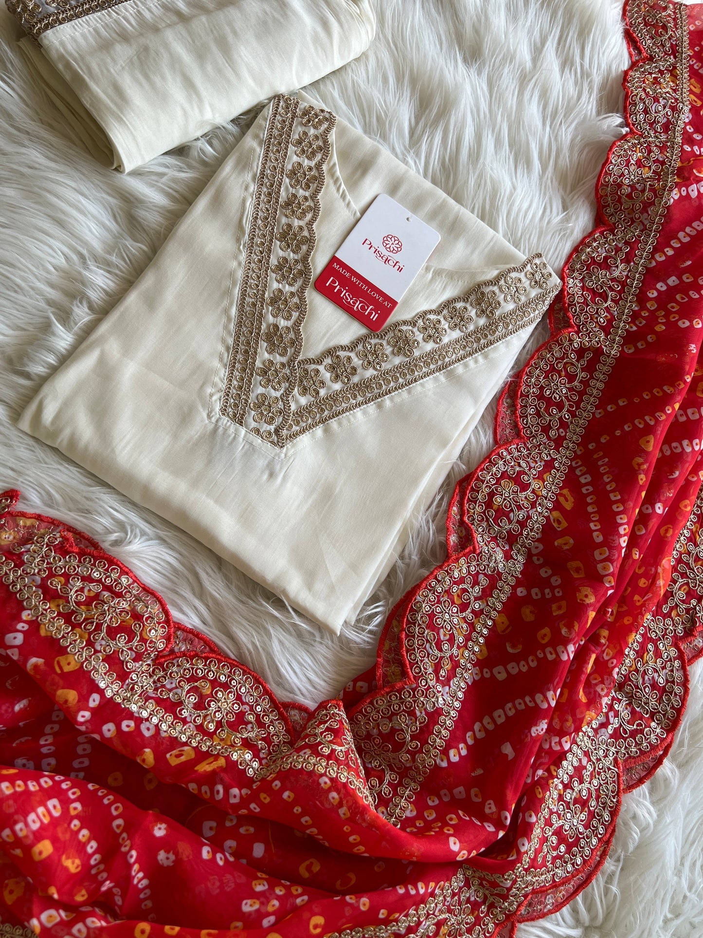 Off White Lilac silk kurta set with Red Lbandhani dupatta
