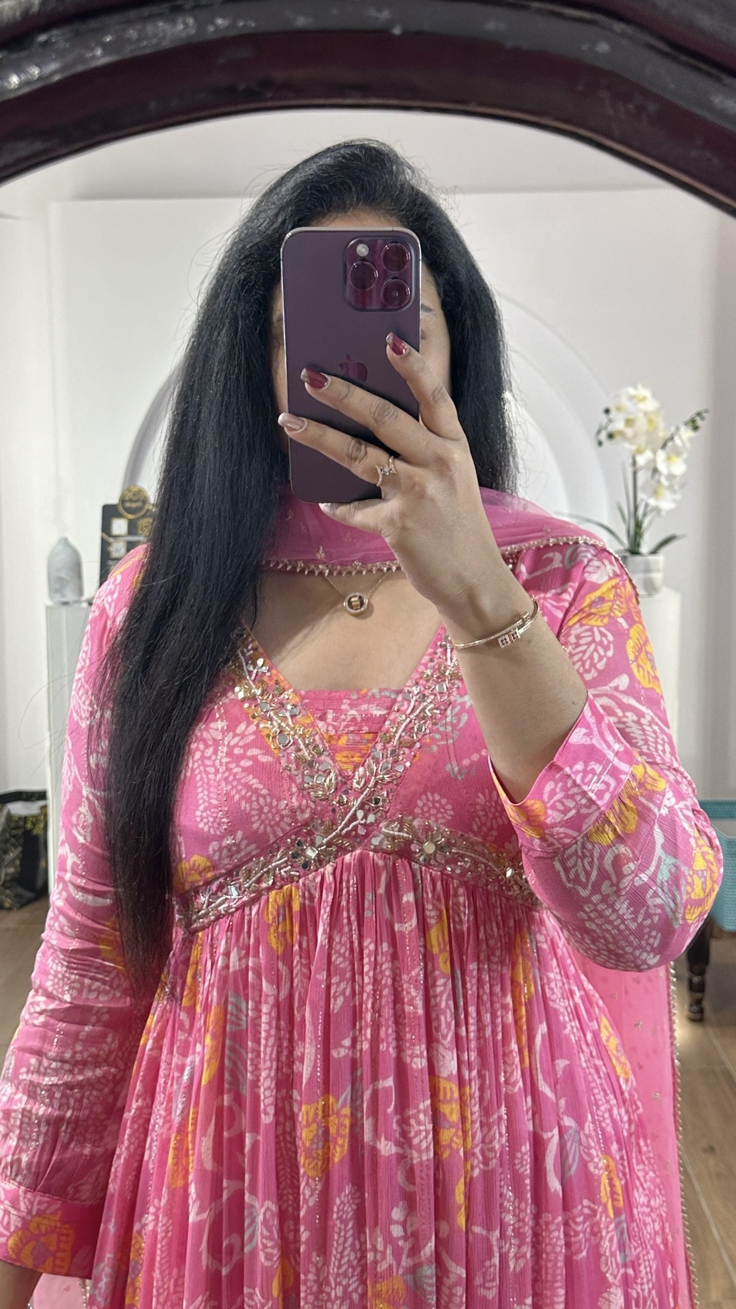 Baby Pink floral alia cut chinnon frock with embroidery