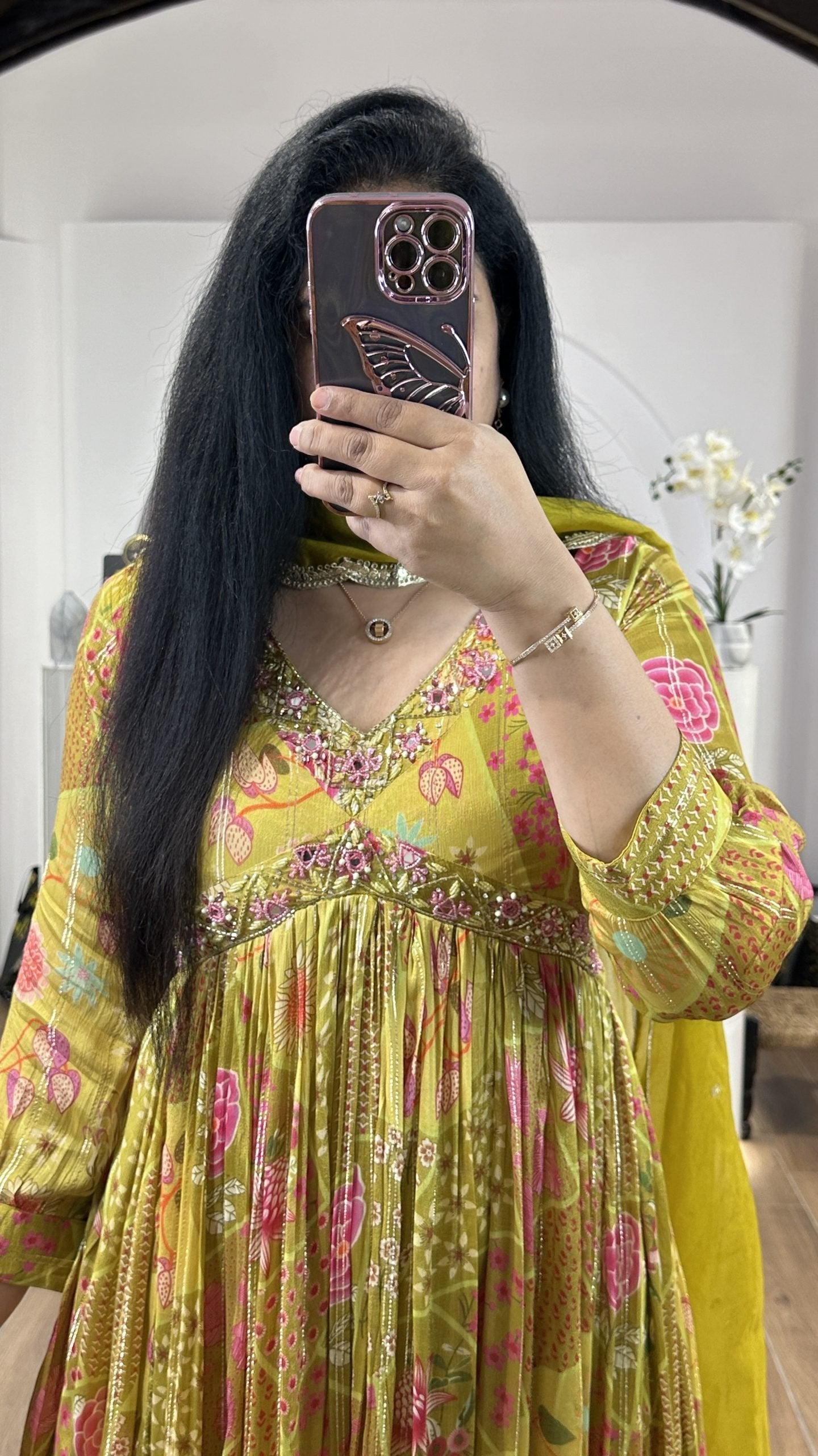 Yellow floral alia cut chinnon frock with embroidery