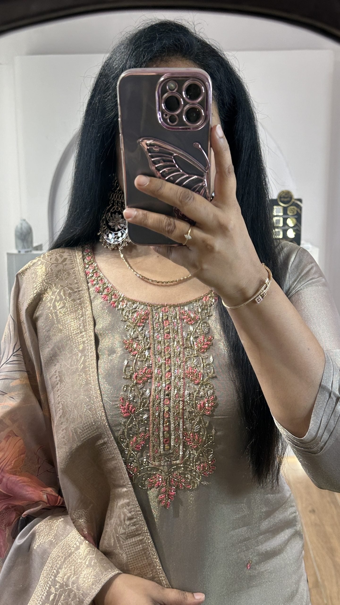 Gray Tissue Kurti With Floral Dupatta