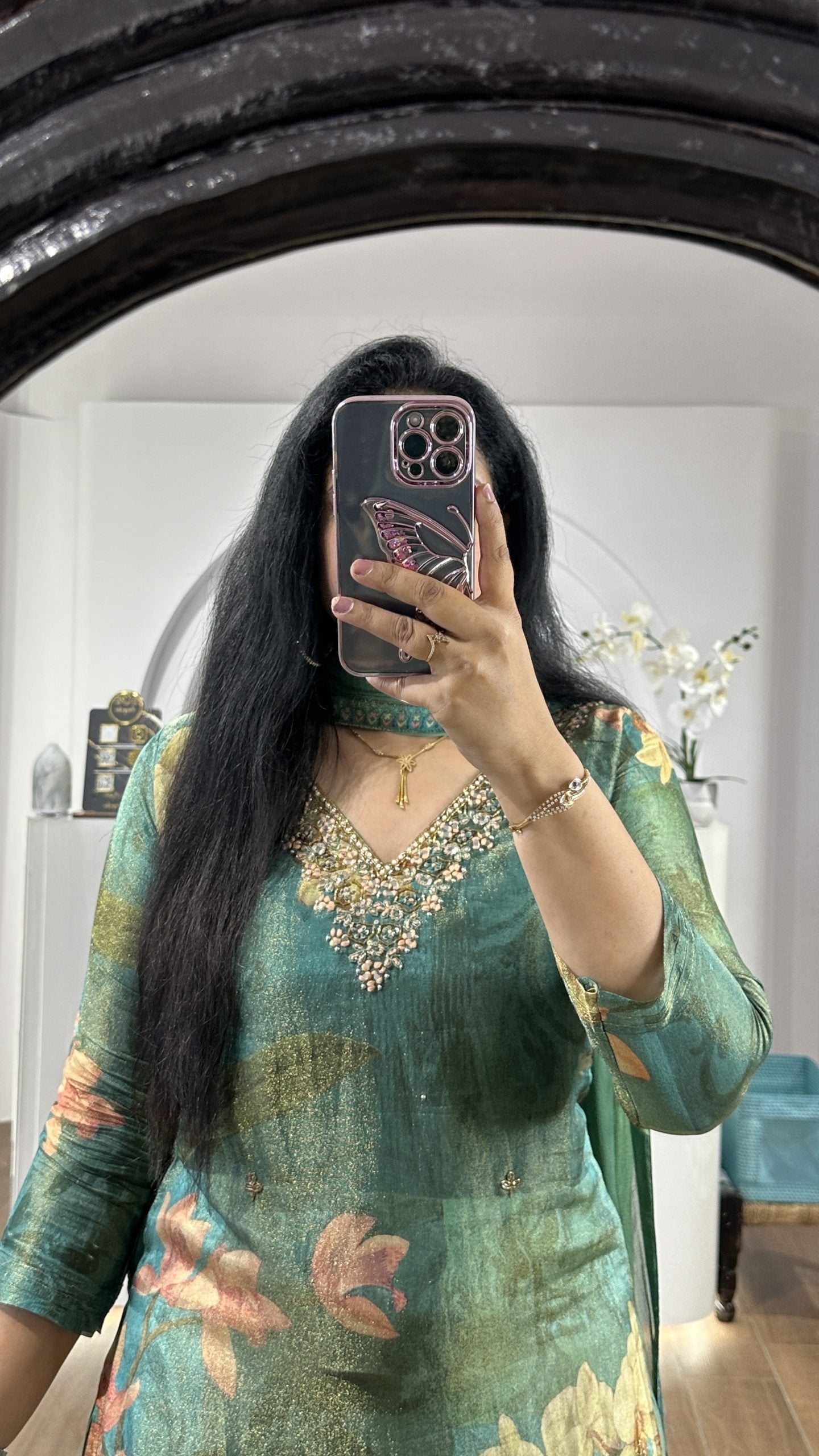 Green tissue V neck kurti with maggam work