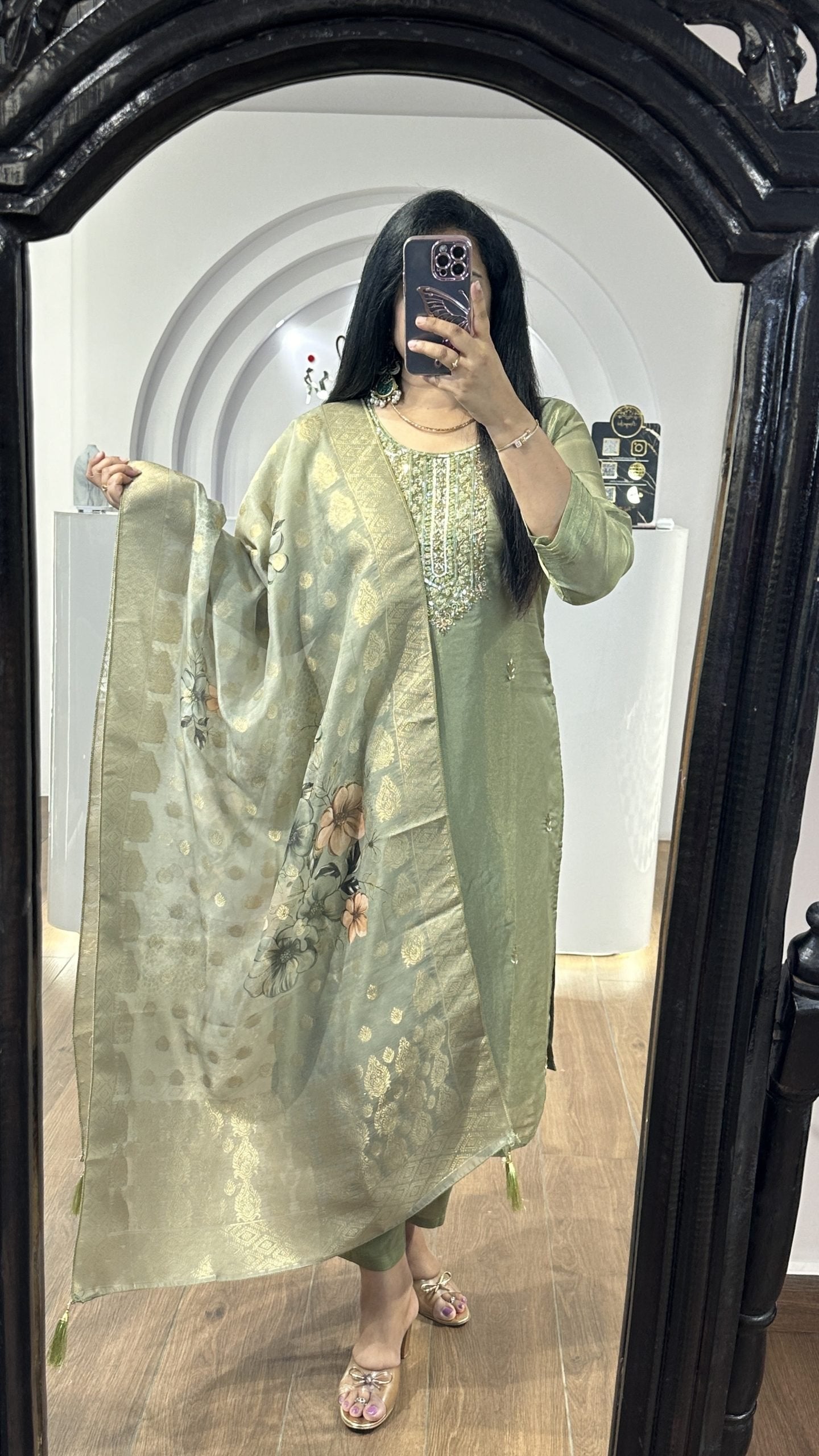 Green Tissue Kurti With Floral Dupatta
