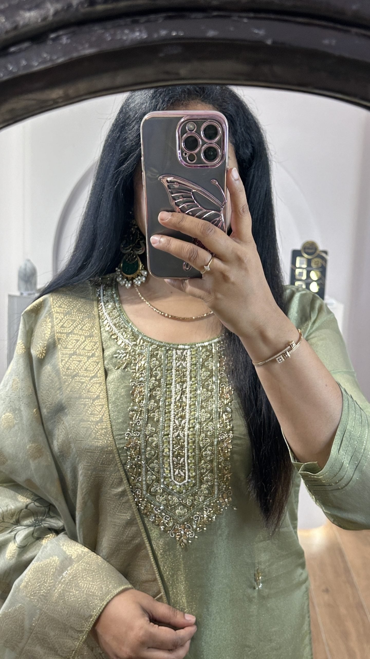 Green Tissue Kurti With Floral Dupatta