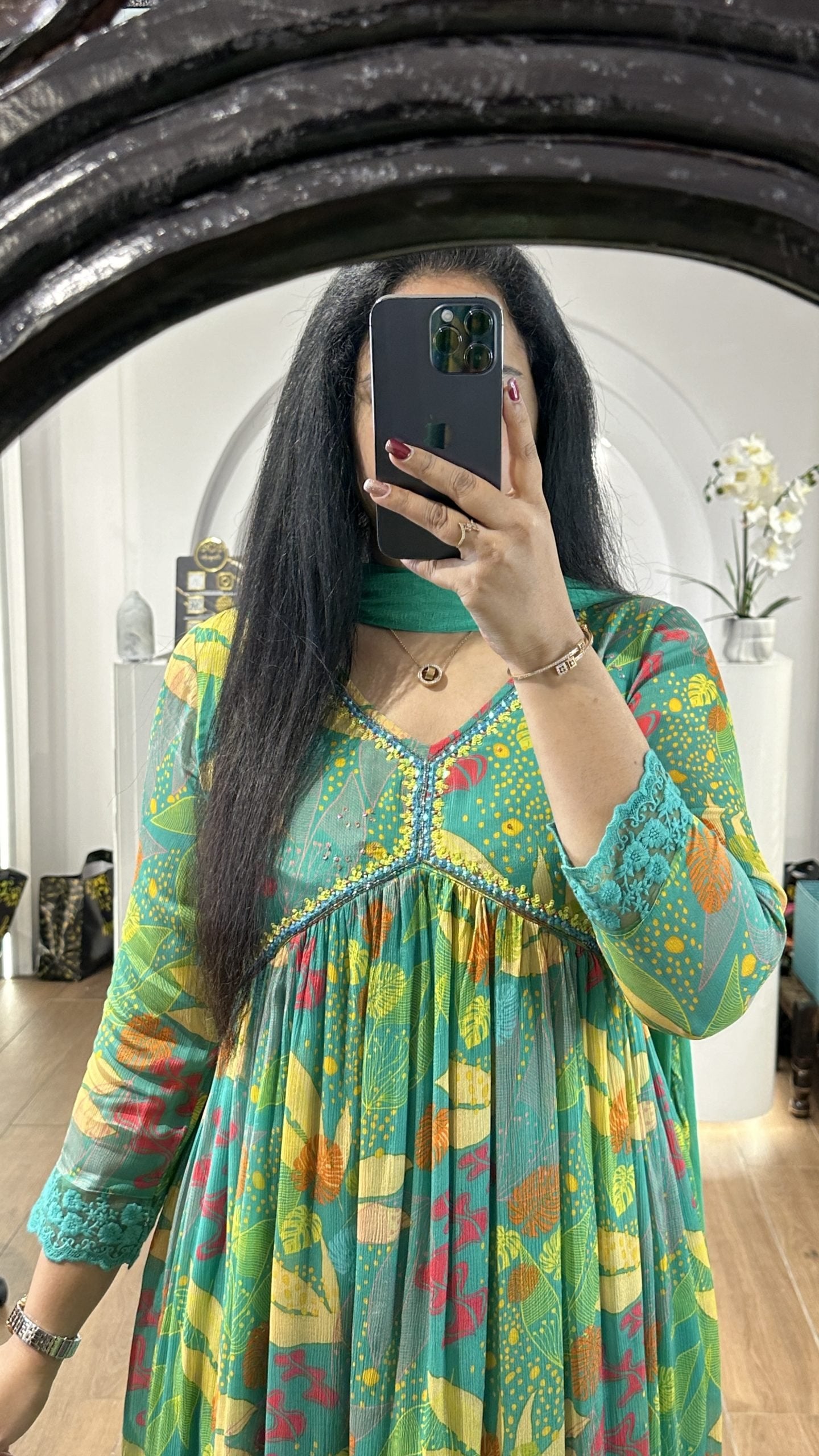 Green floral alia cut chinnon frock with embroidery