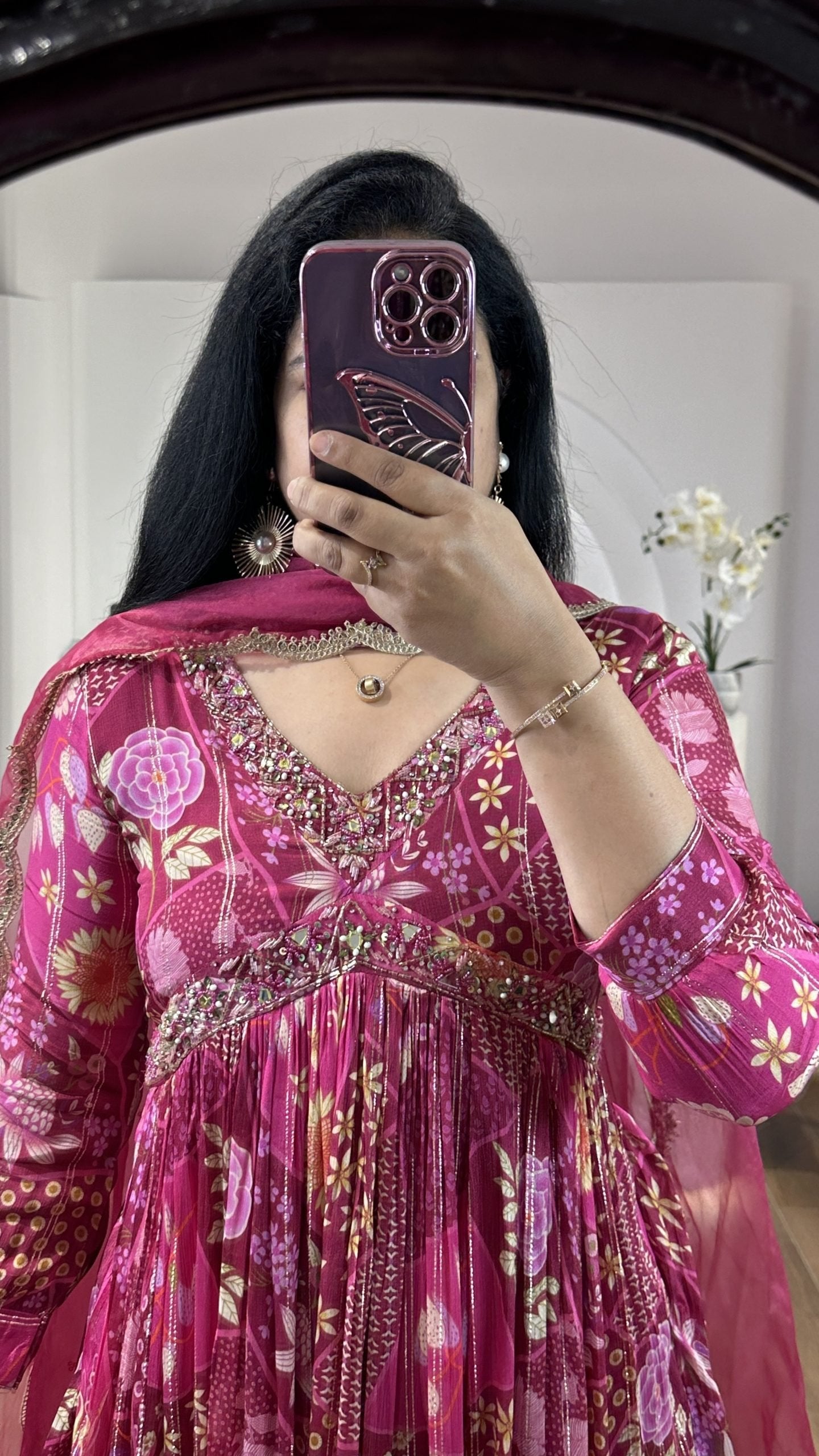 Magenta Pink floral alia cut chinnon frock with embroidery