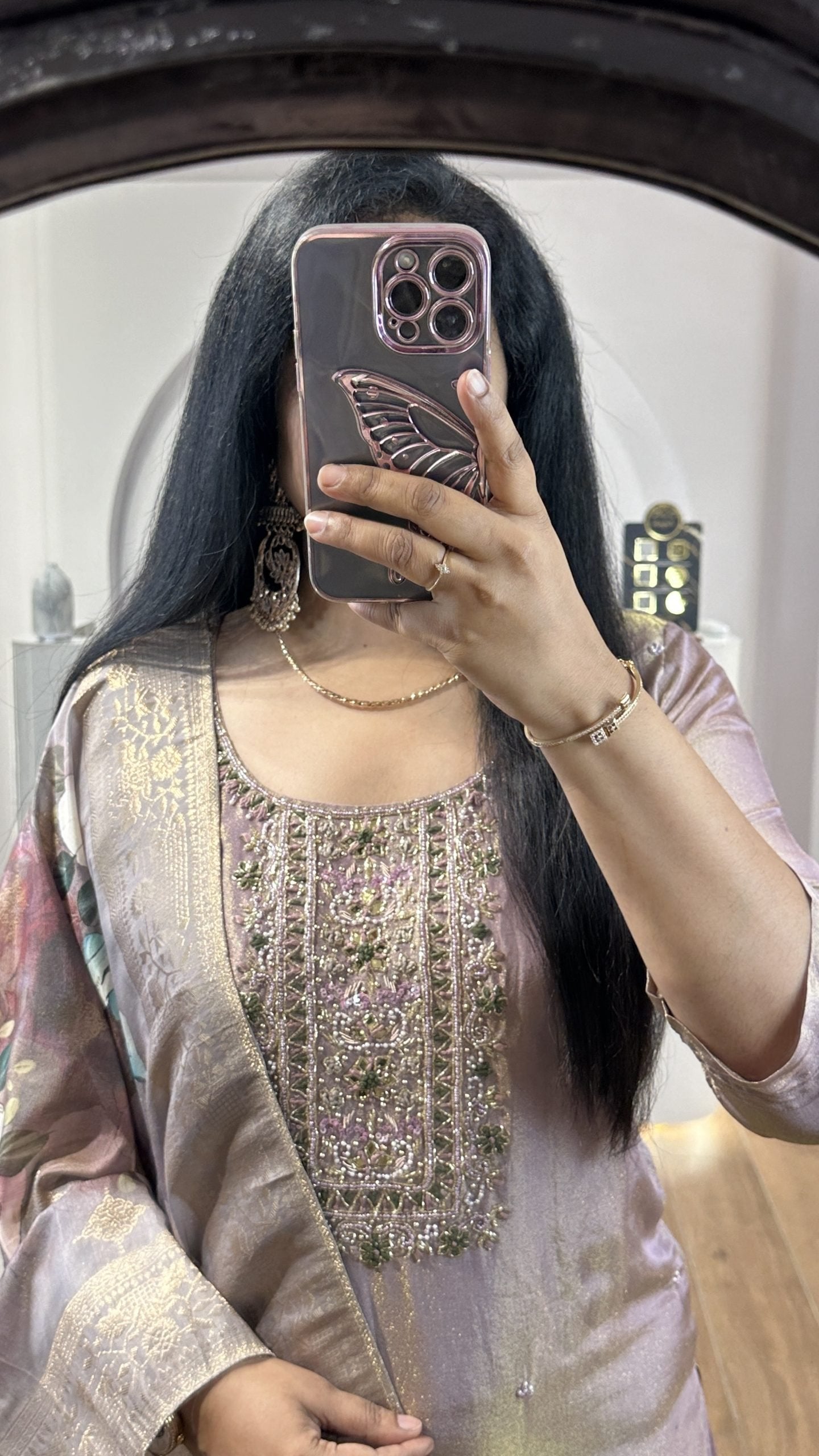 Light Lilac Tissue Kurti With Floral Dupatta