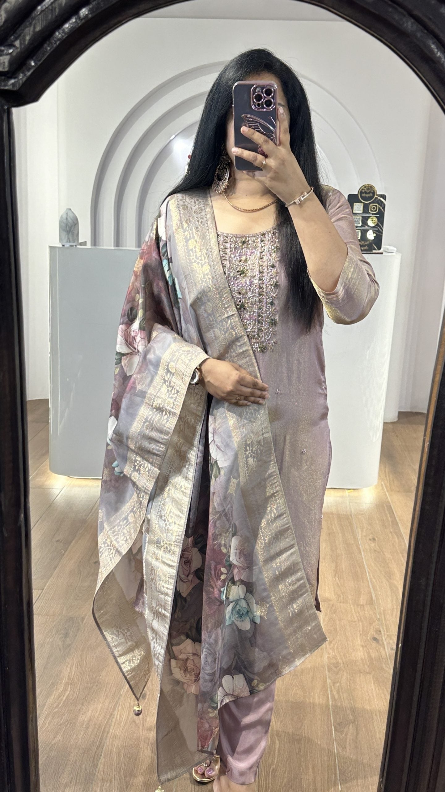 Light Lilac Tissue Kurti With Floral Dupatta