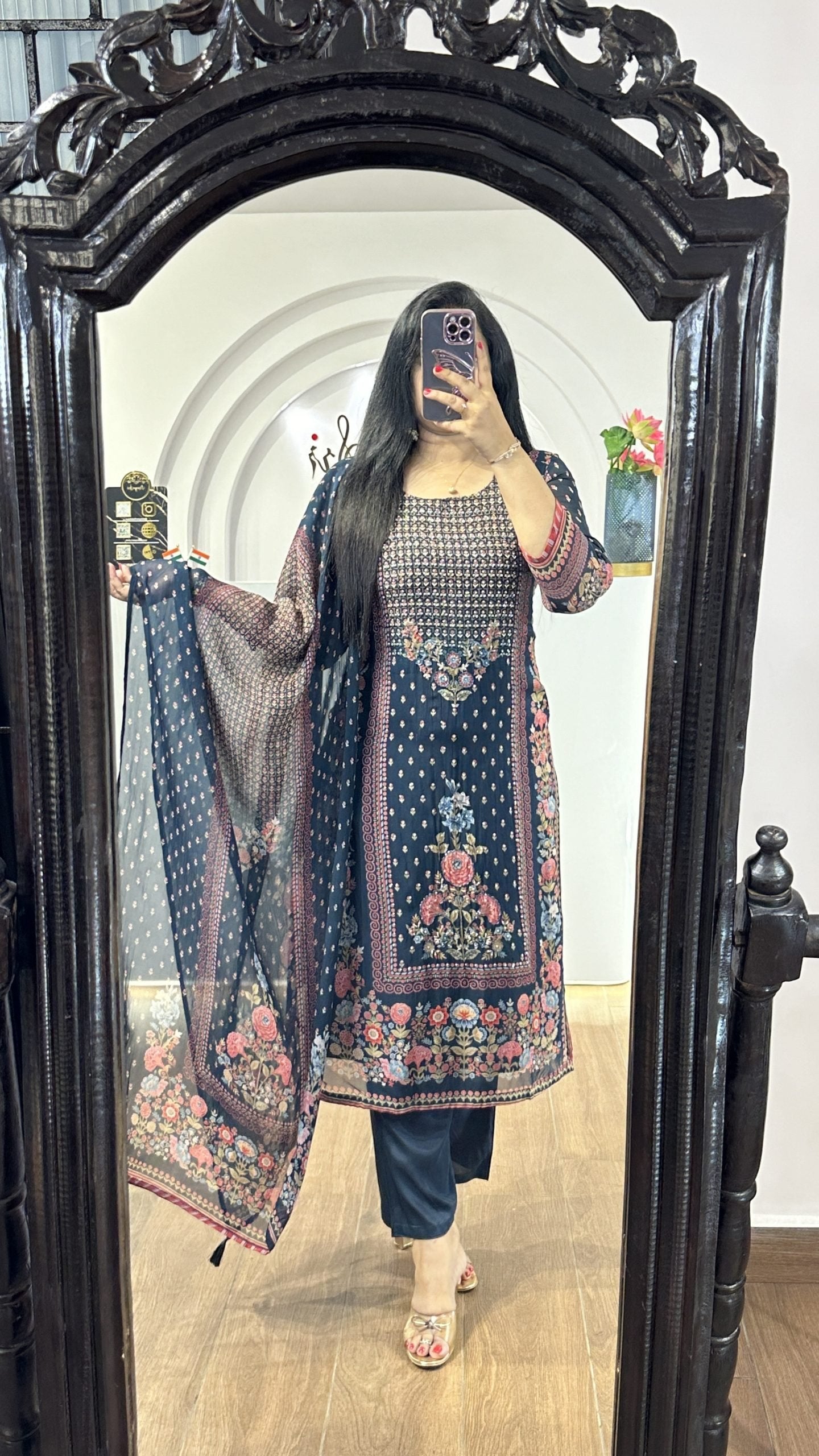 Navy Blue Handworked Round Neck Kurti (HK11)