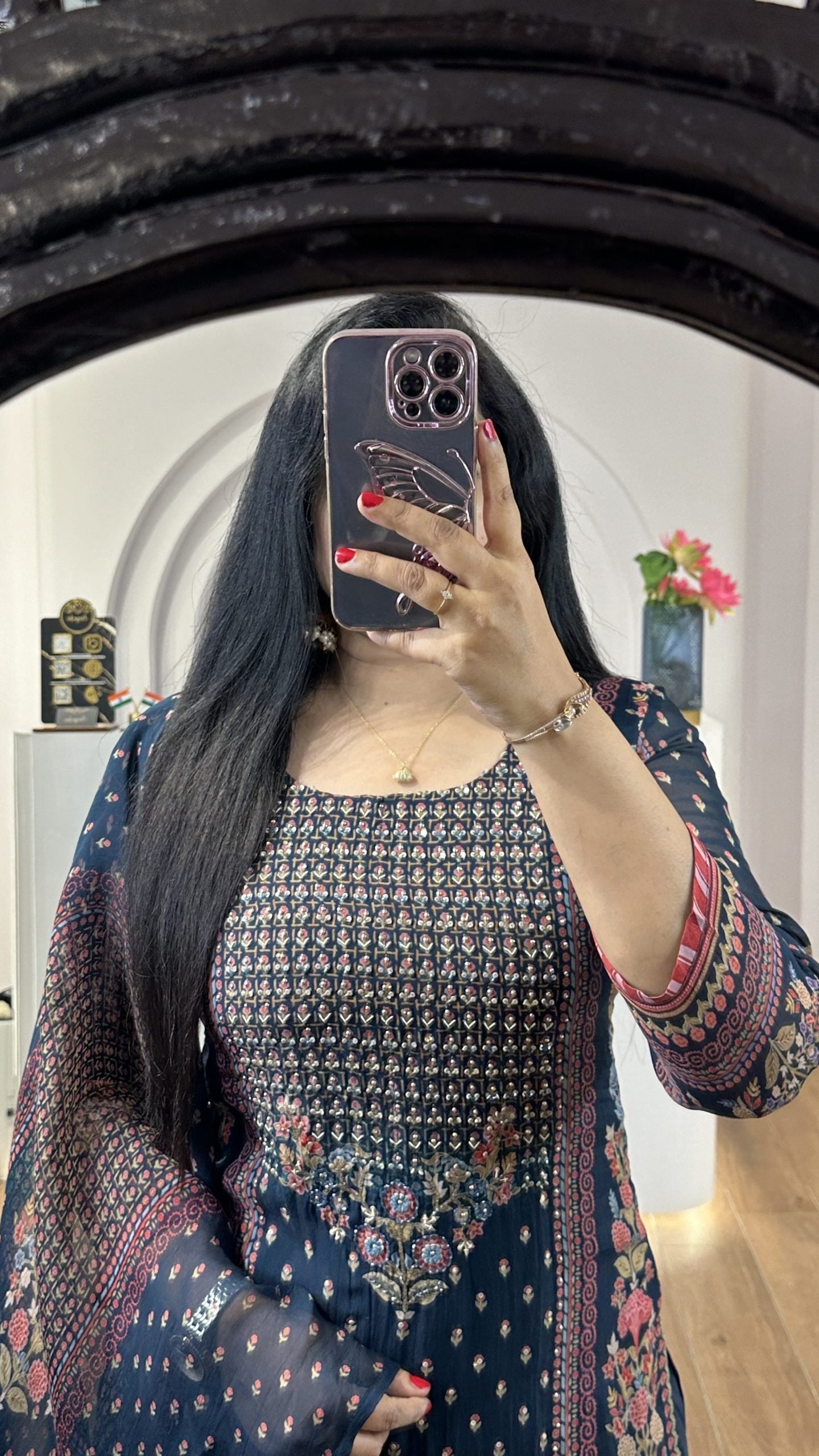 Navy Blue Handworked Round Neck Kurti (HK11)
