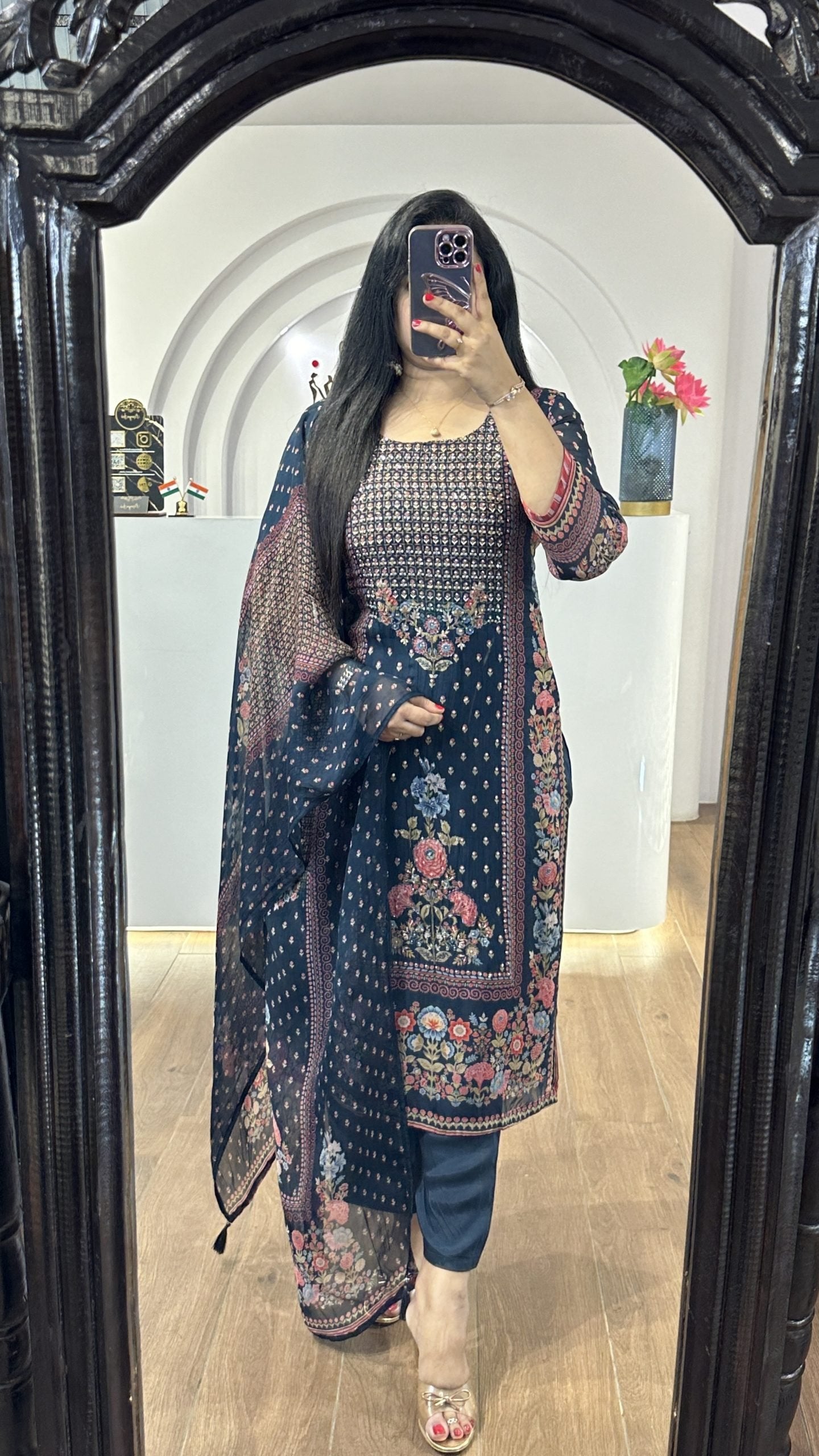 Navy Blue Handworked Round Neck Kurti (HK11)