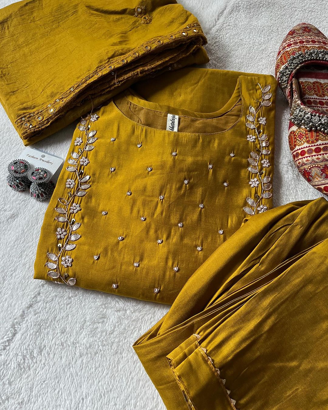 Neck work Readymade kurta pant with Dupatta set