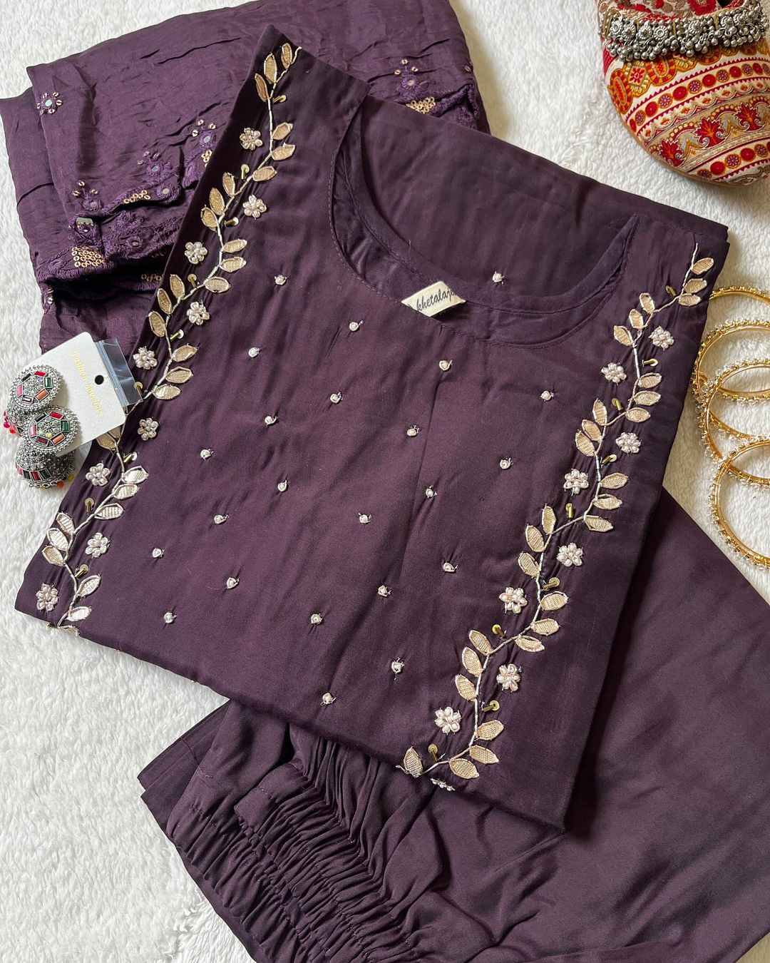 Neck work Readymade kurta pant with Dupatta set