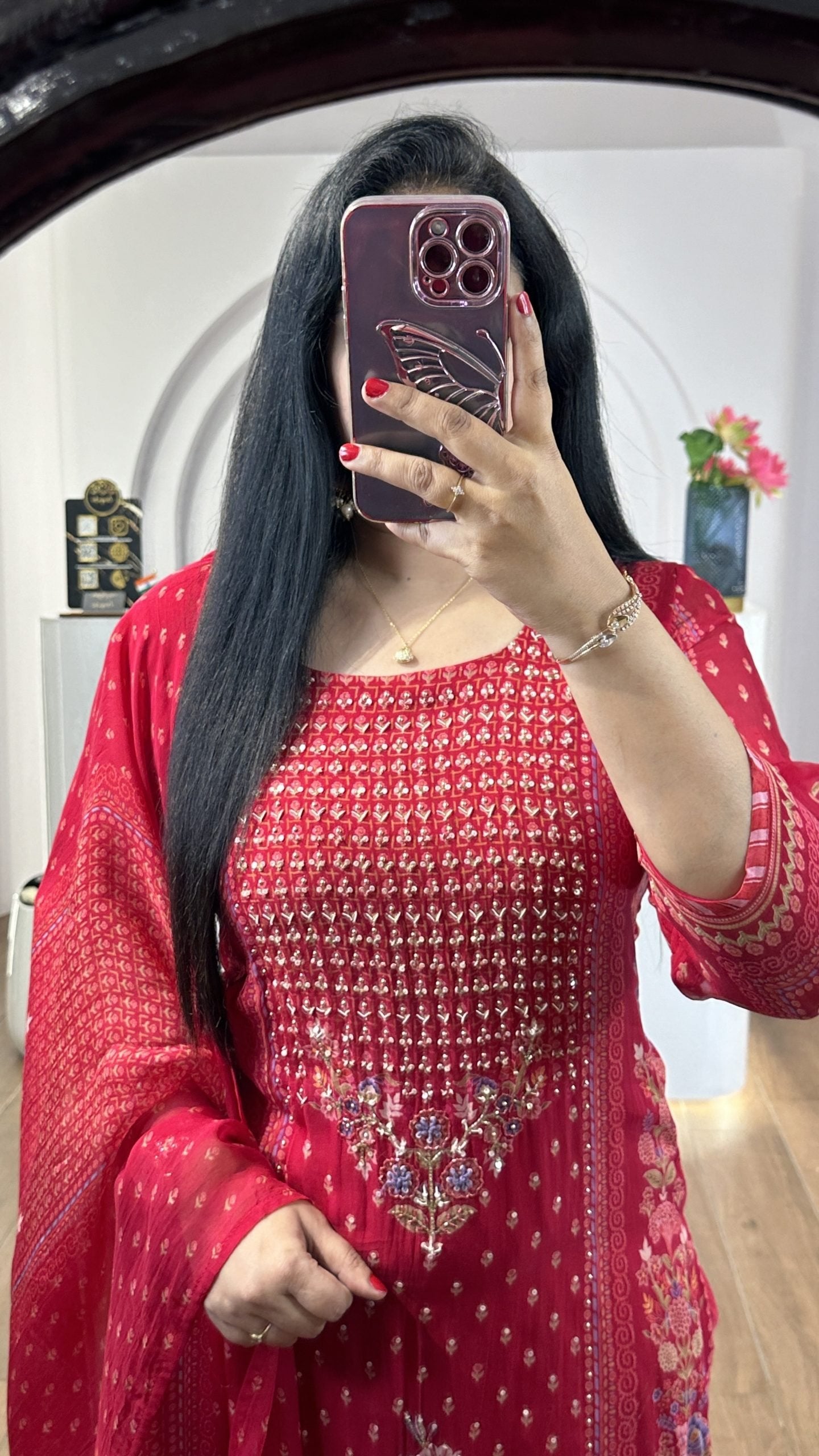 Red Handworked Round Neck Kurti (HK10)