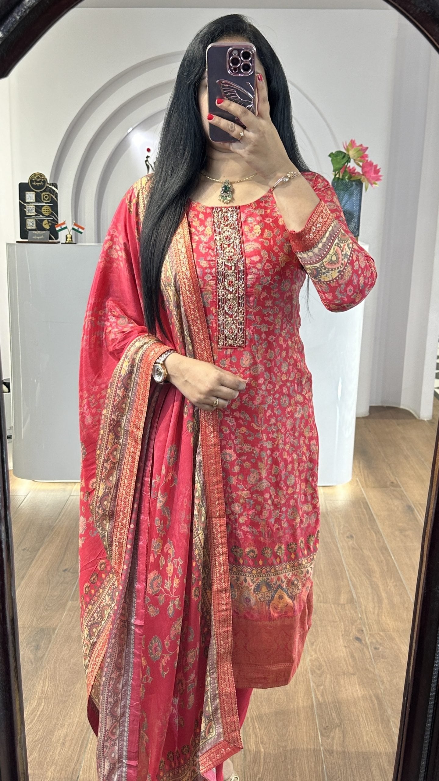 Red Handworked Round Neck Kurti (HK13)
