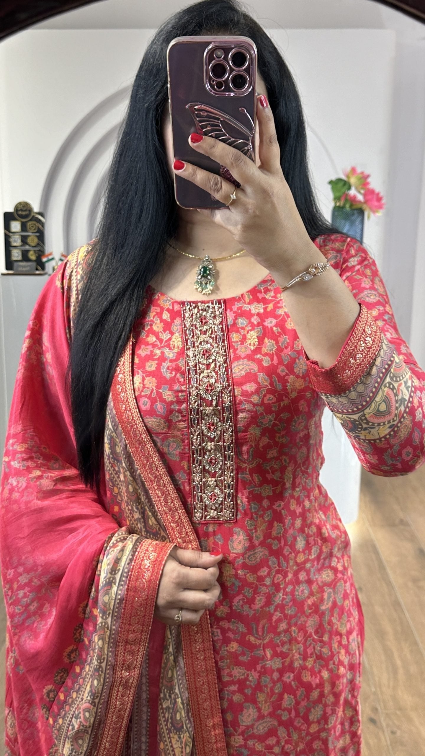 Red Handworked Round Neck Kurti (HK13)