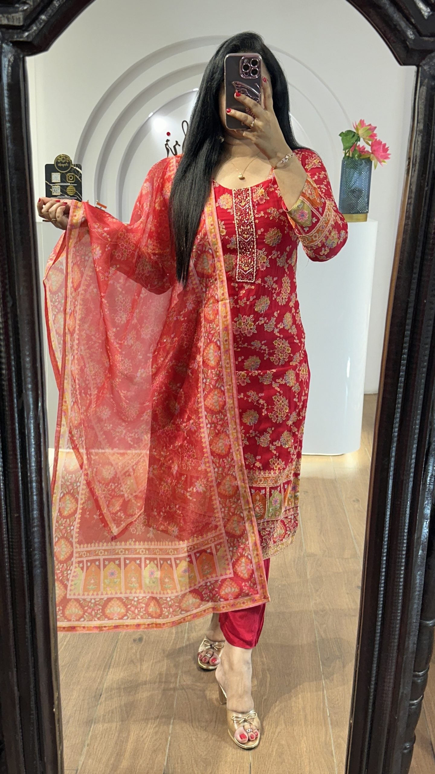 Red Handworked Round Neck Kurti (HK16)