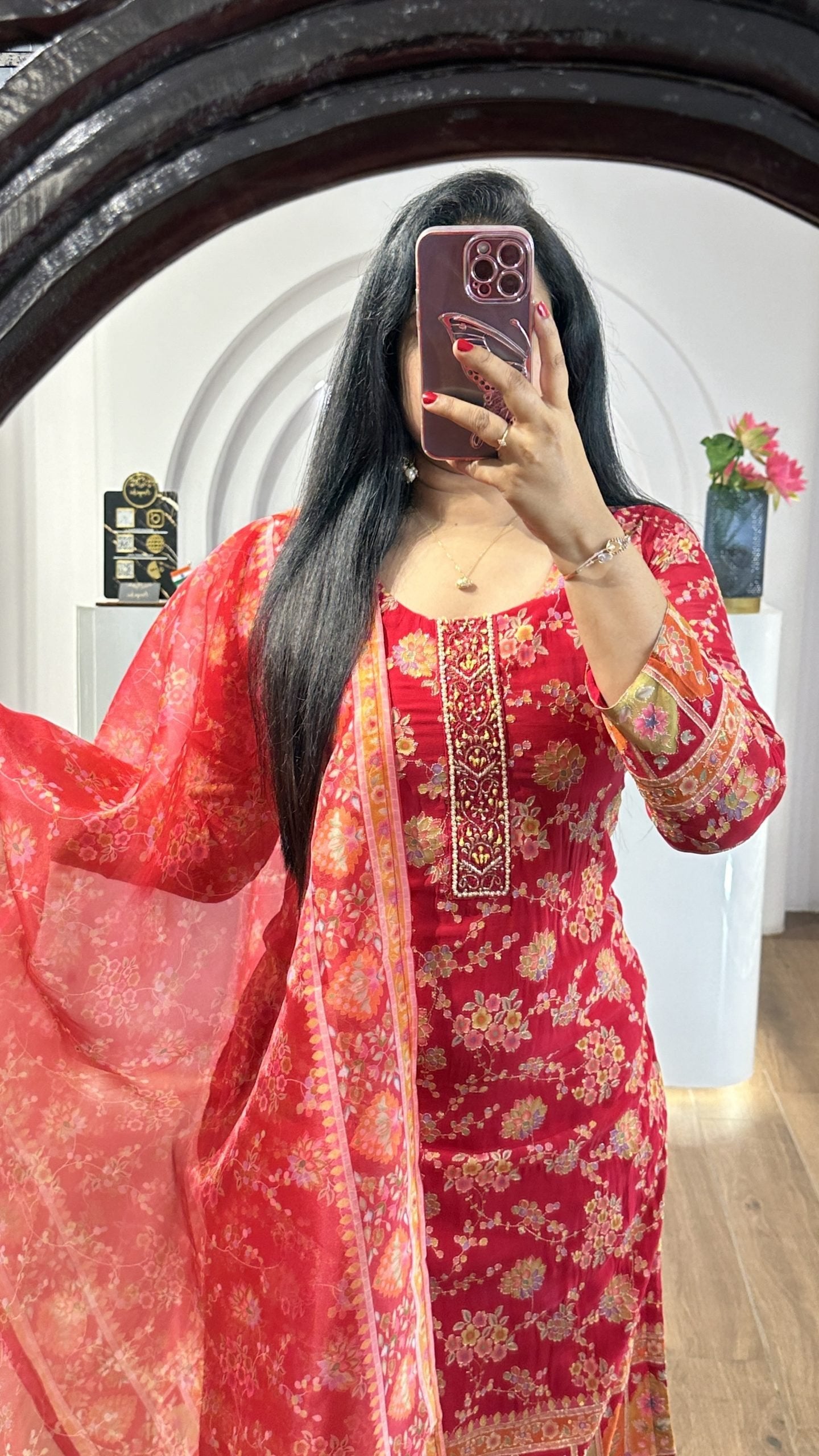 Red Handworked Round Neck Kurti (HK16)