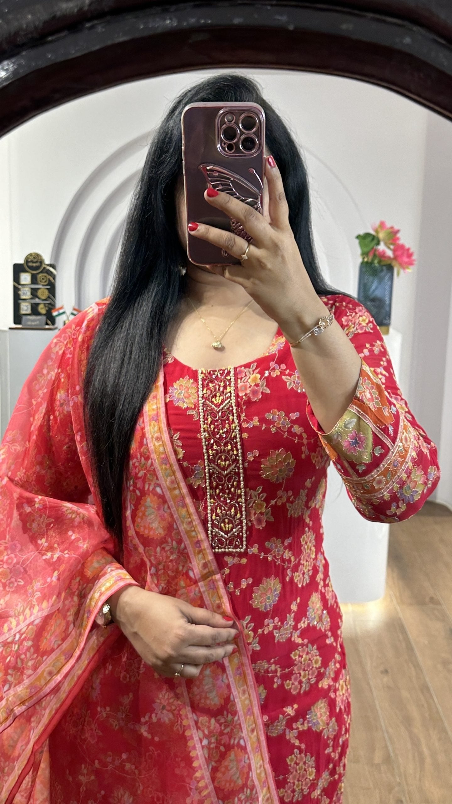 Red Handworked Round Neck Kurti (HK16)