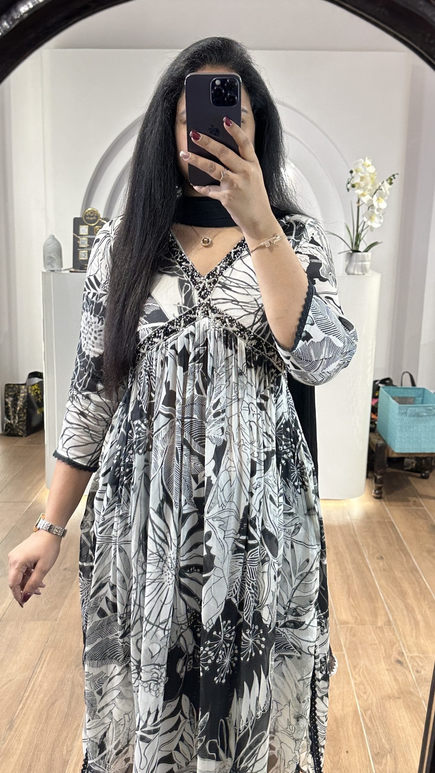White and black floral alia chinnon frock with embroidery
