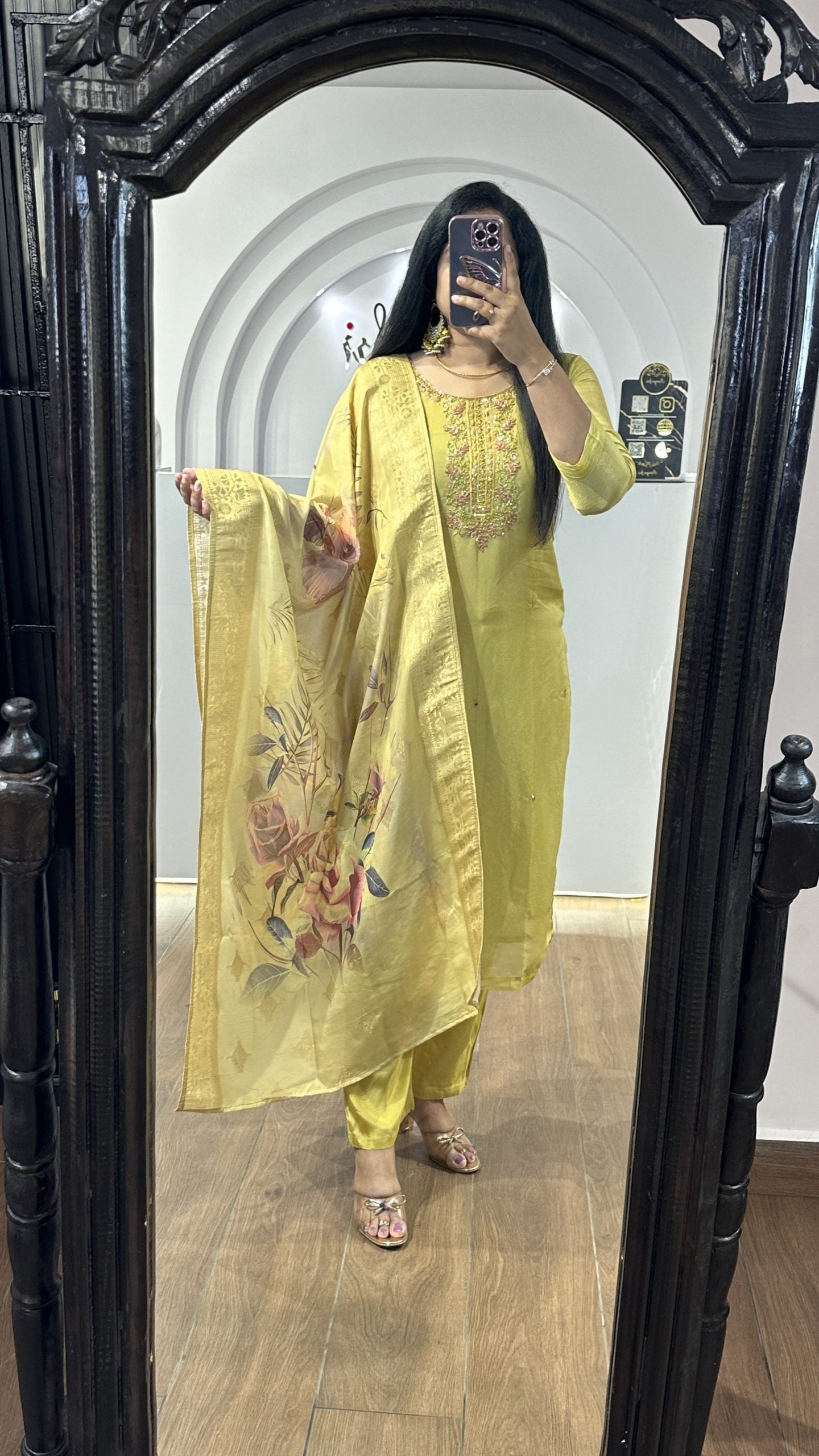 Yellow Tissue Kurti With Floral Dupatta