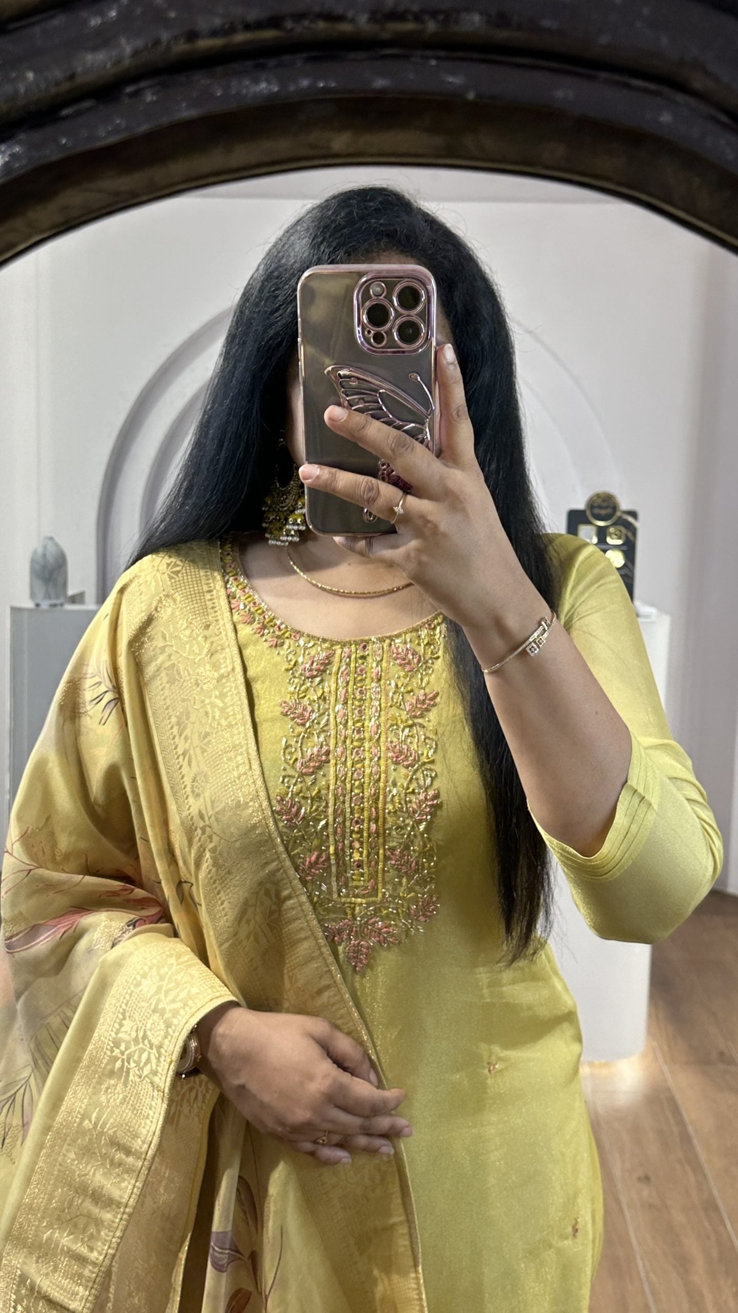 Yellow Tissue Kurti With Floral Dupatta