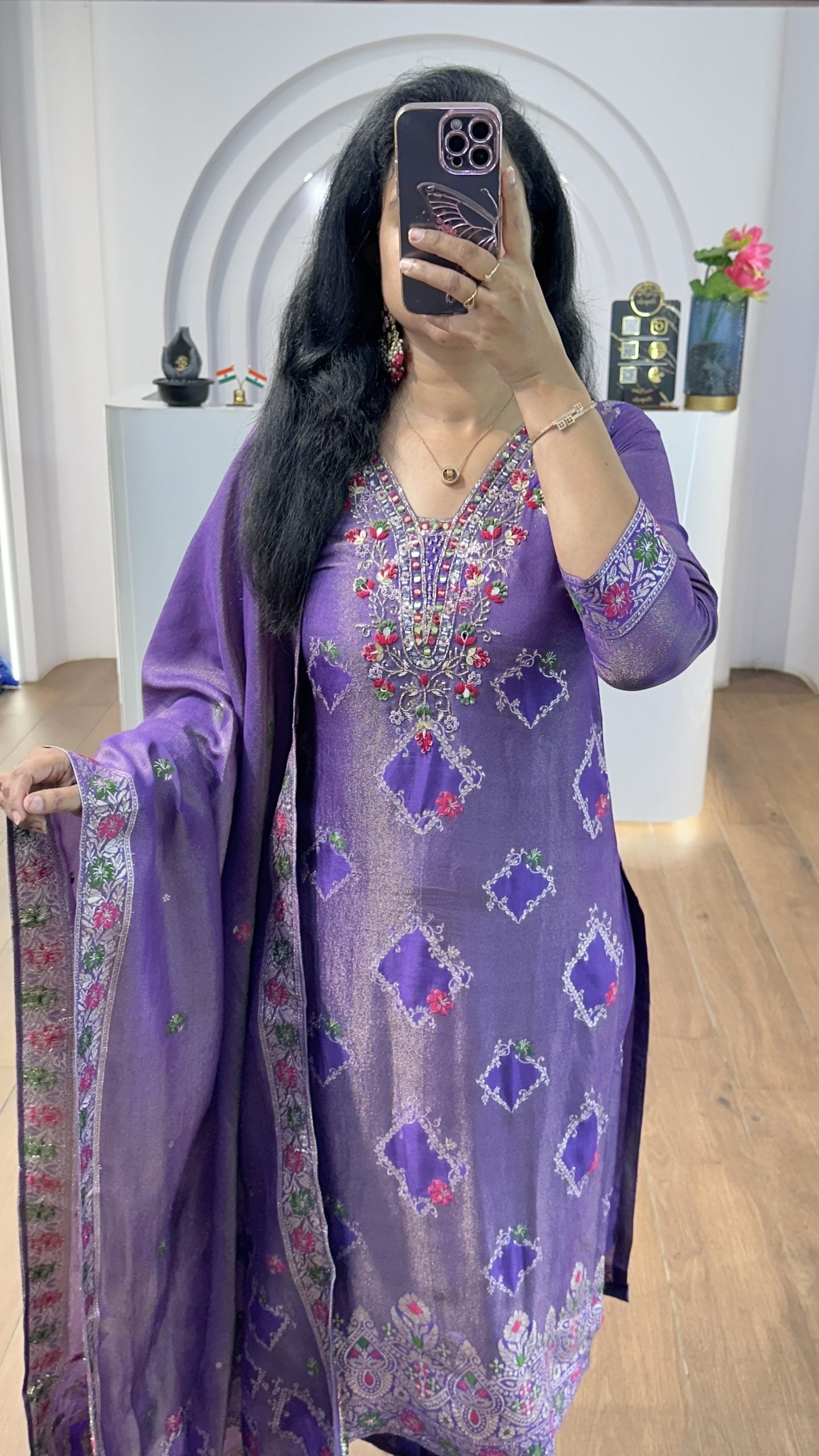 Violet Tissue Floral Handworked Kurti