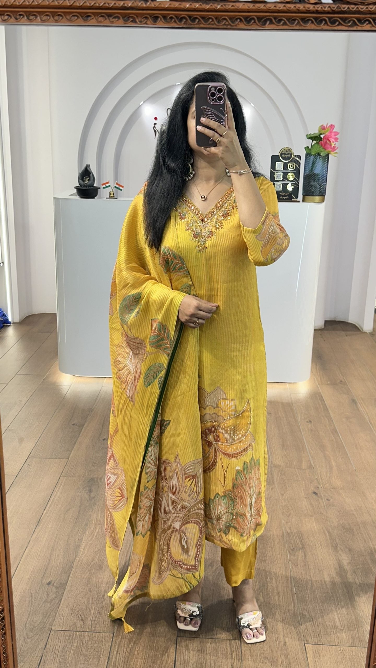 Yellow Tissue Floral Handworked Kurti