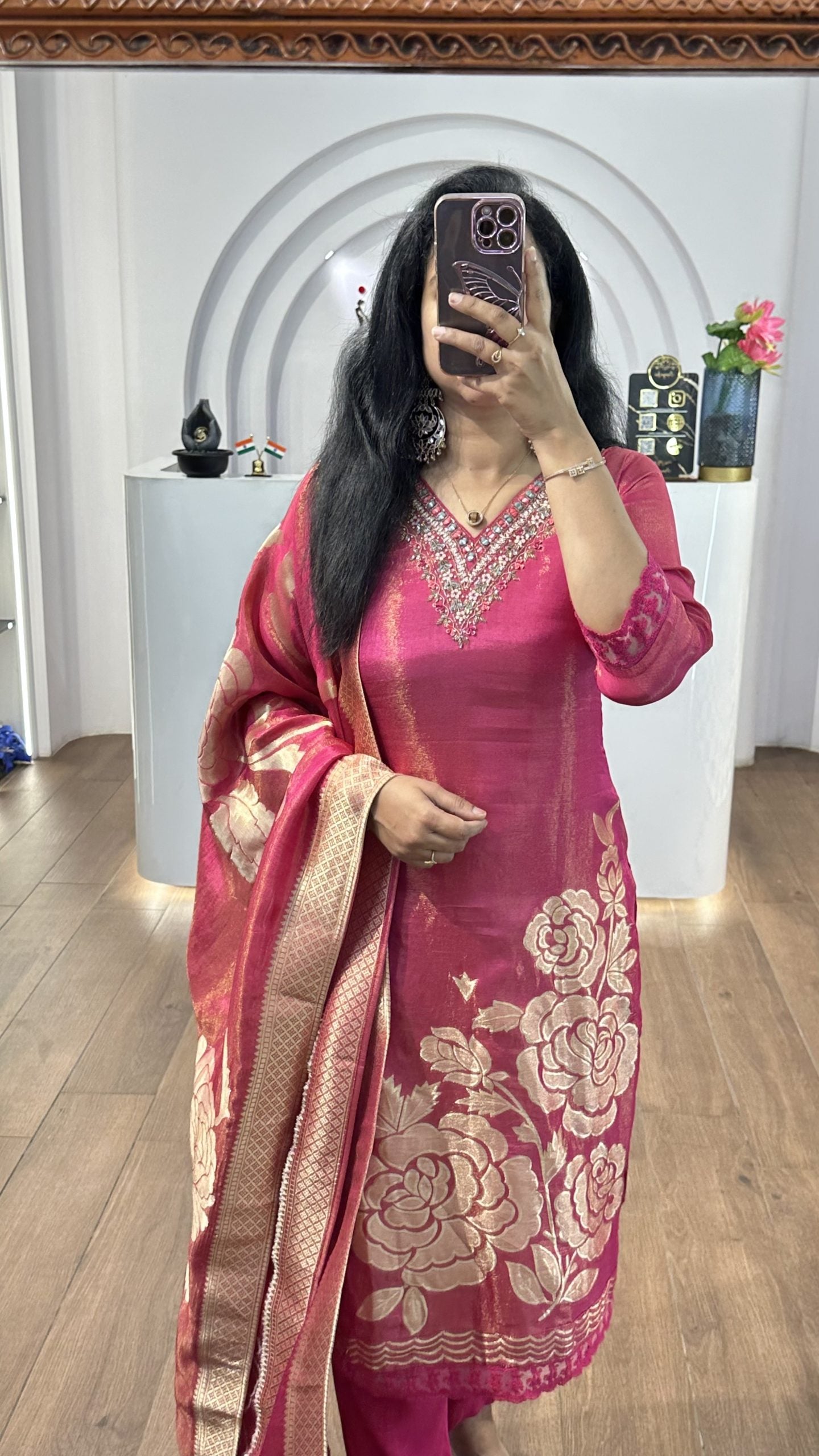 Pink Tissue Big Floral Handworked Kurti