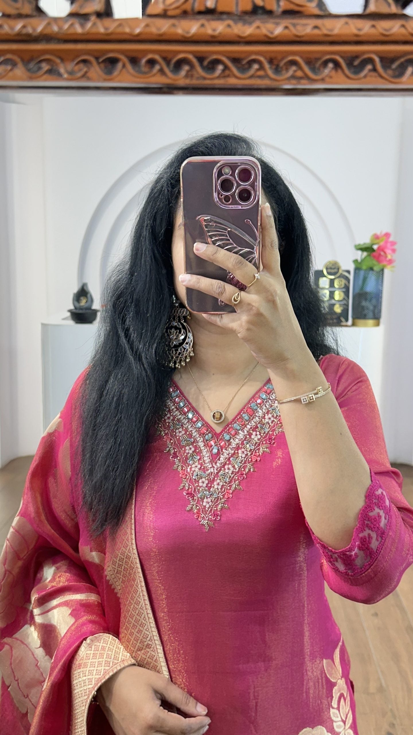 Pink Tissue Big Floral Handworked Kurti