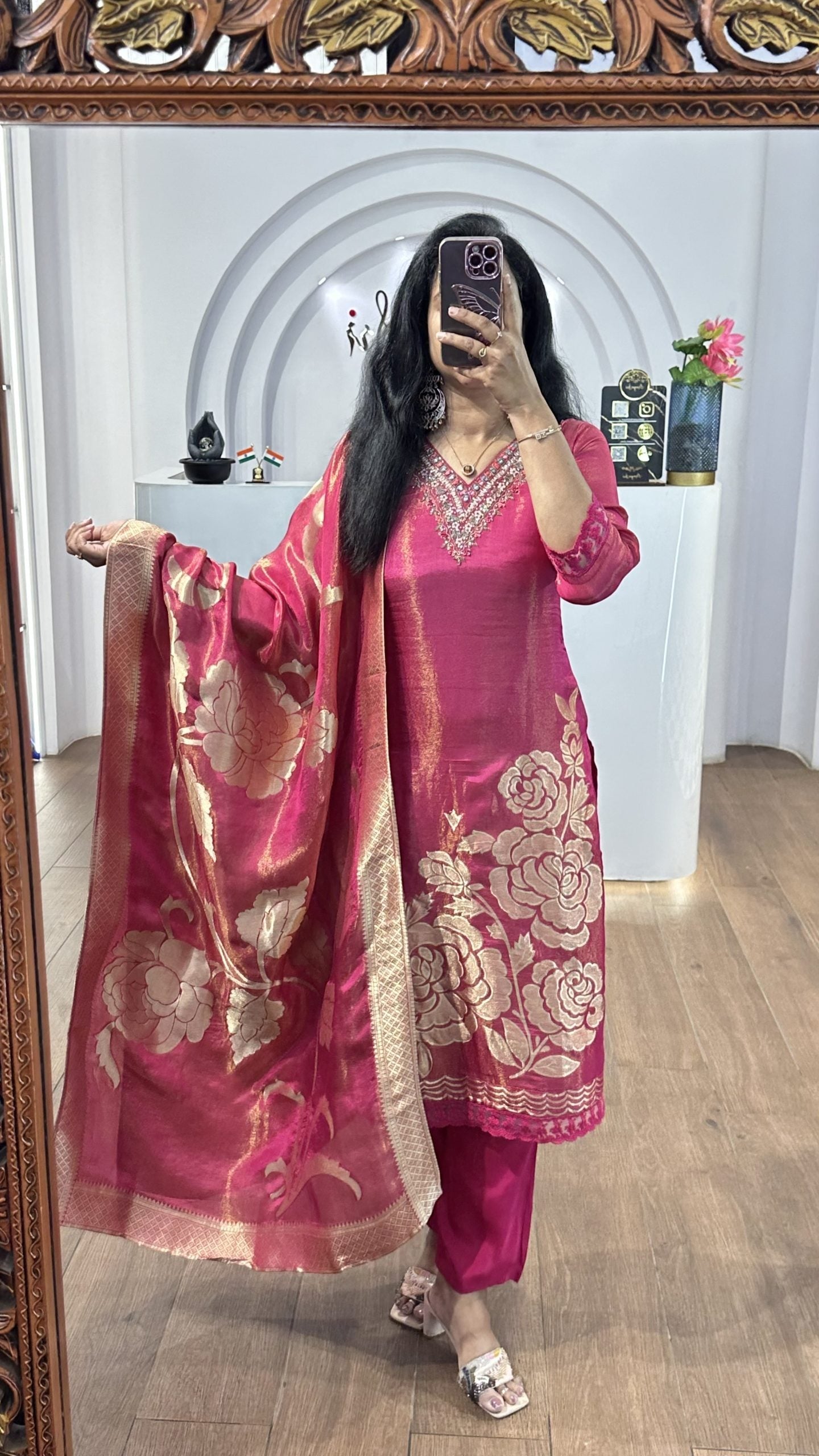 Pink Tissue Big Floral Handworked Kurti