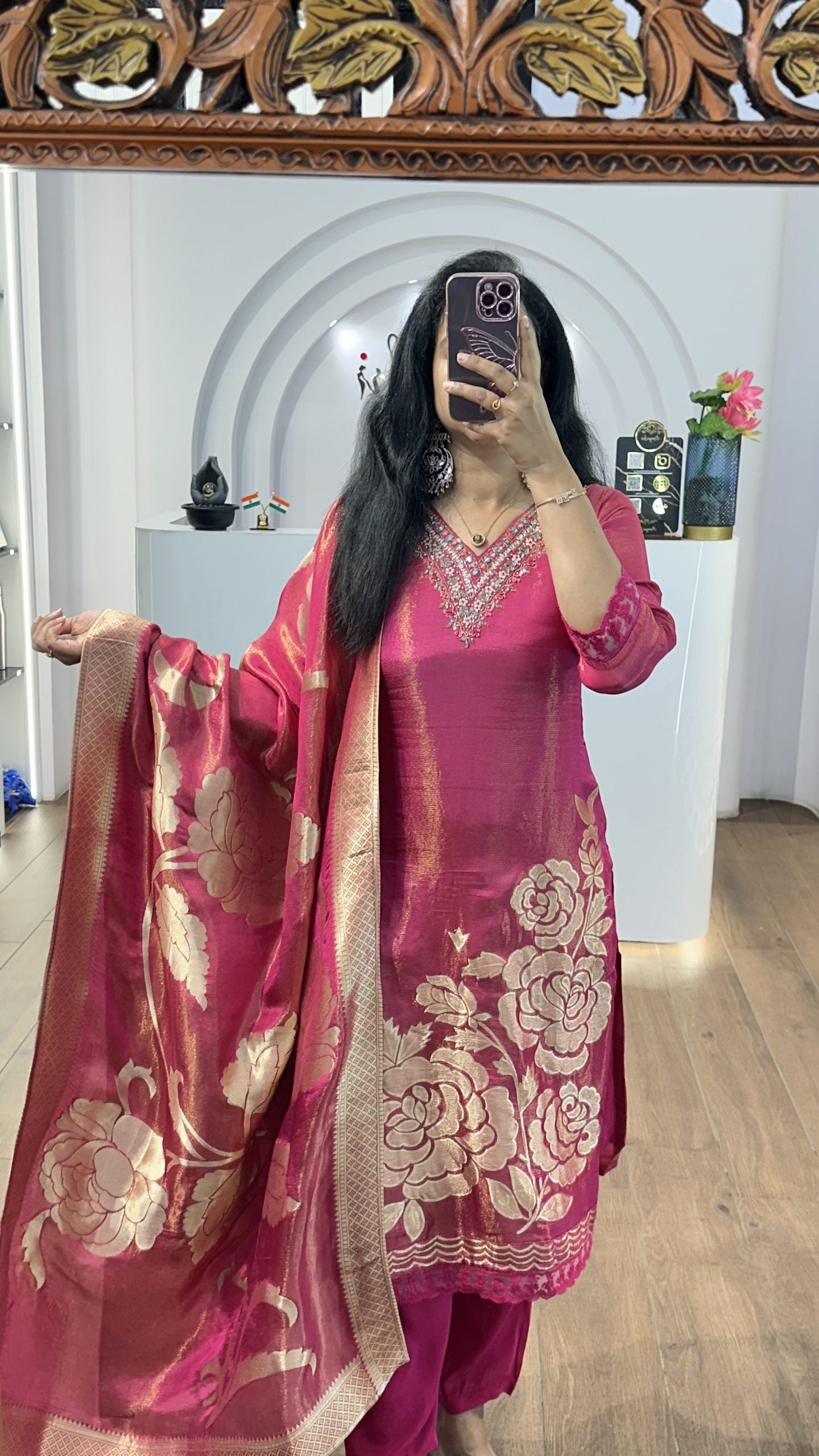 Pink Tissue Big Floral Handworked Kurti