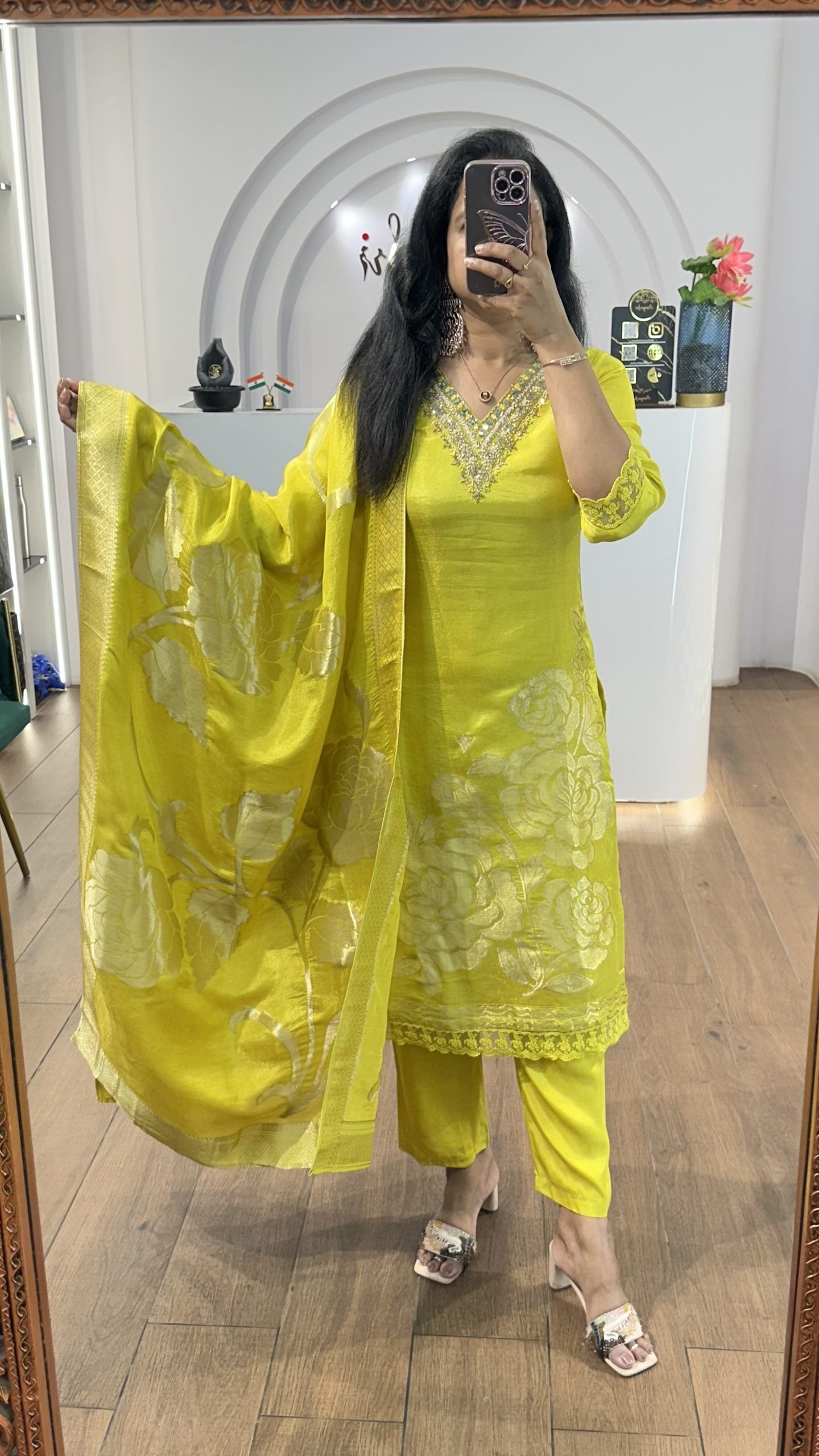Yellow Tissue Big Floral Handworked Kurti