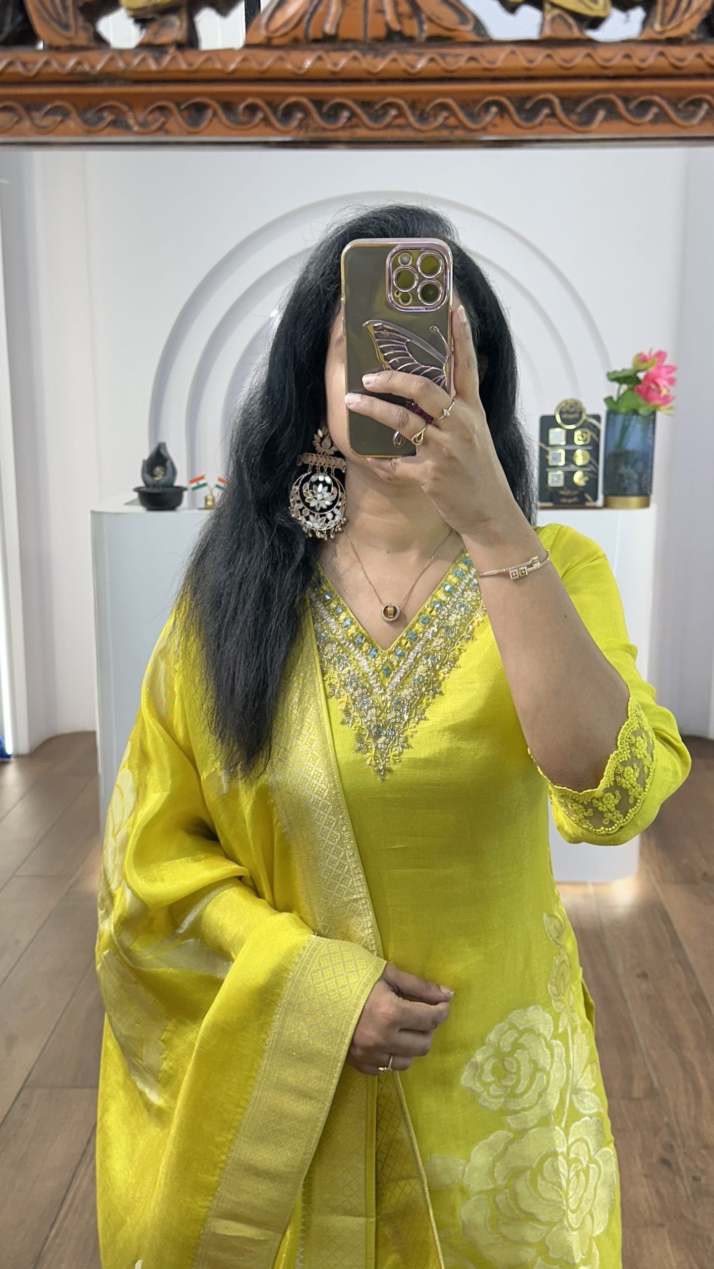 Yellow Tissue Big Floral Handworked Kurti