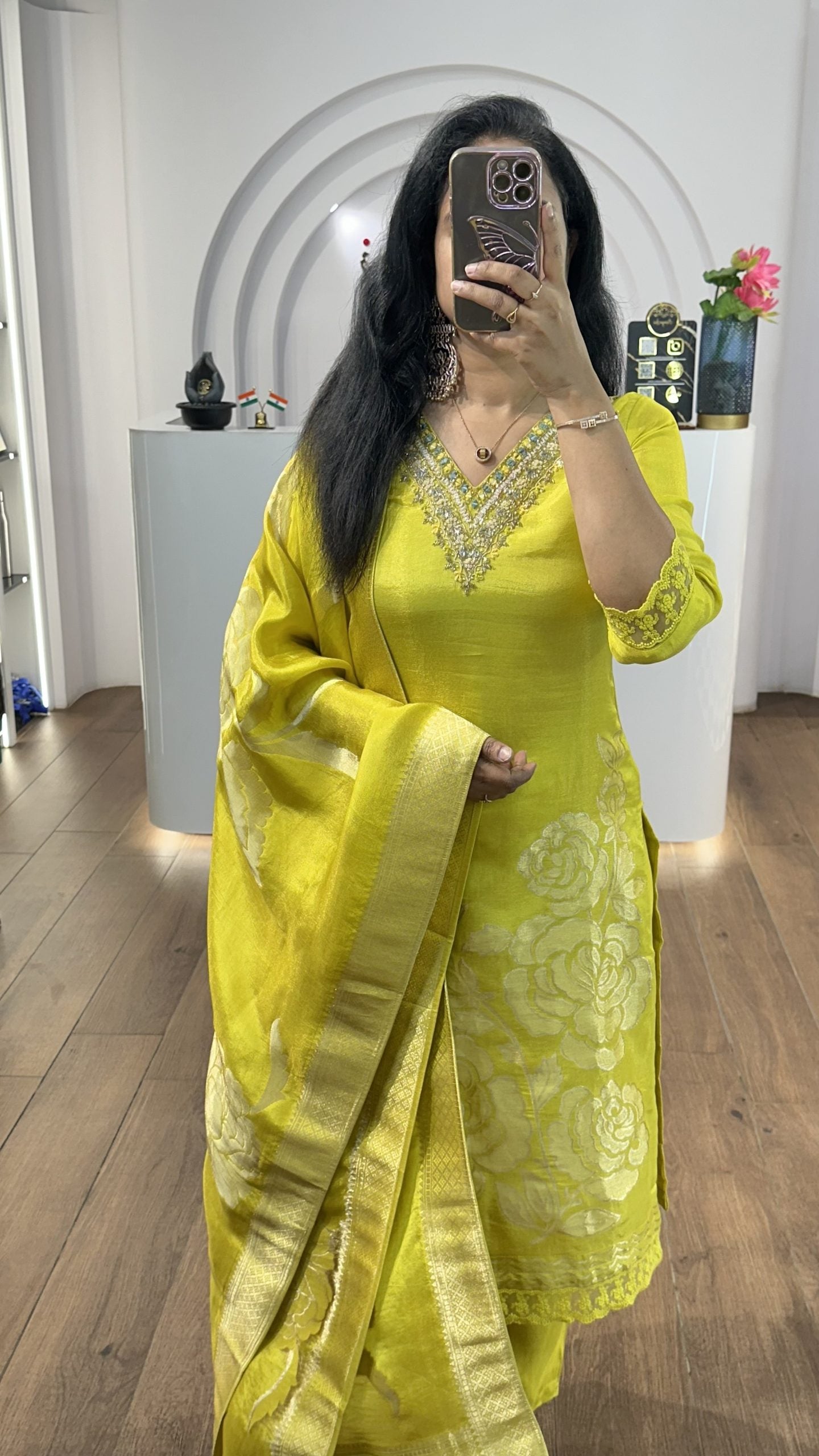 Yellow Tissue Big Floral Handworked Kurti