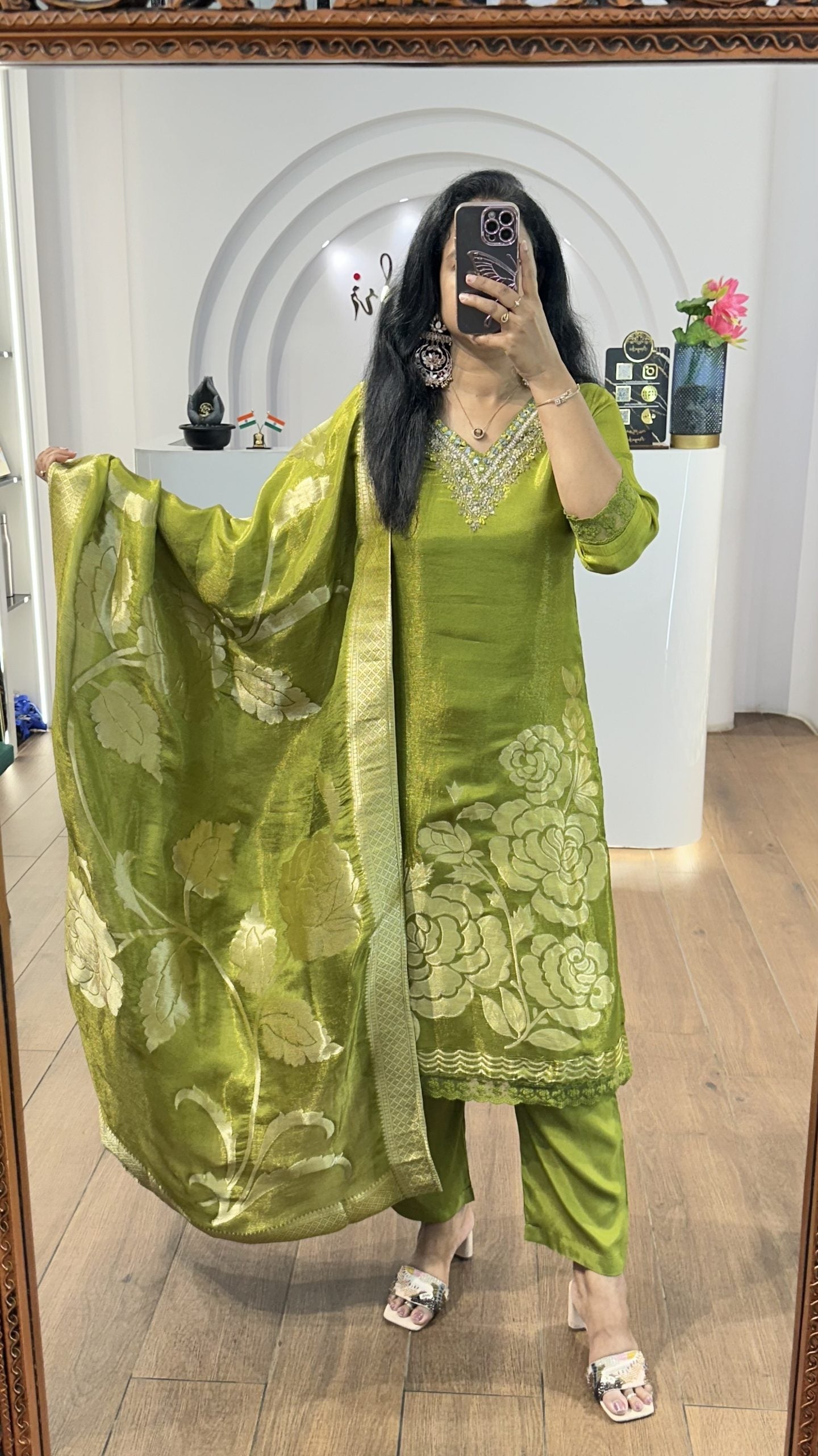 Green Tissue Big Floral Handworked Kurti