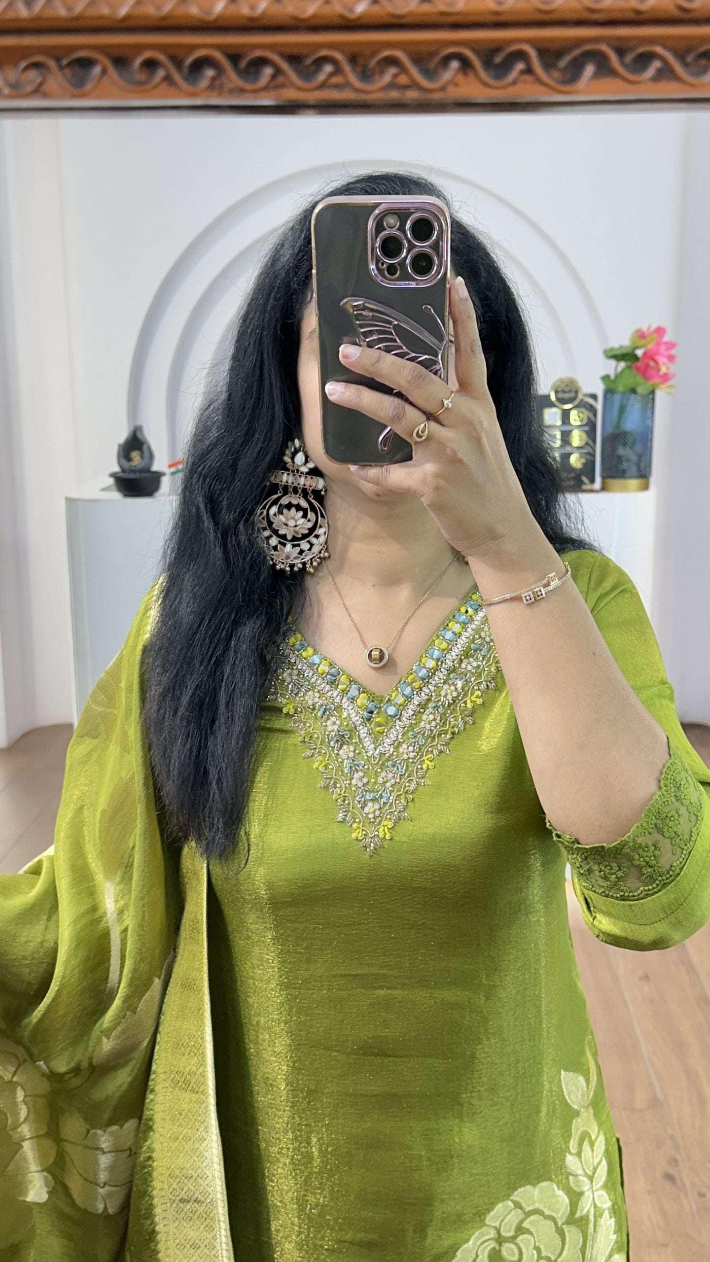 Green Tissue Big Floral Handworked Kurti