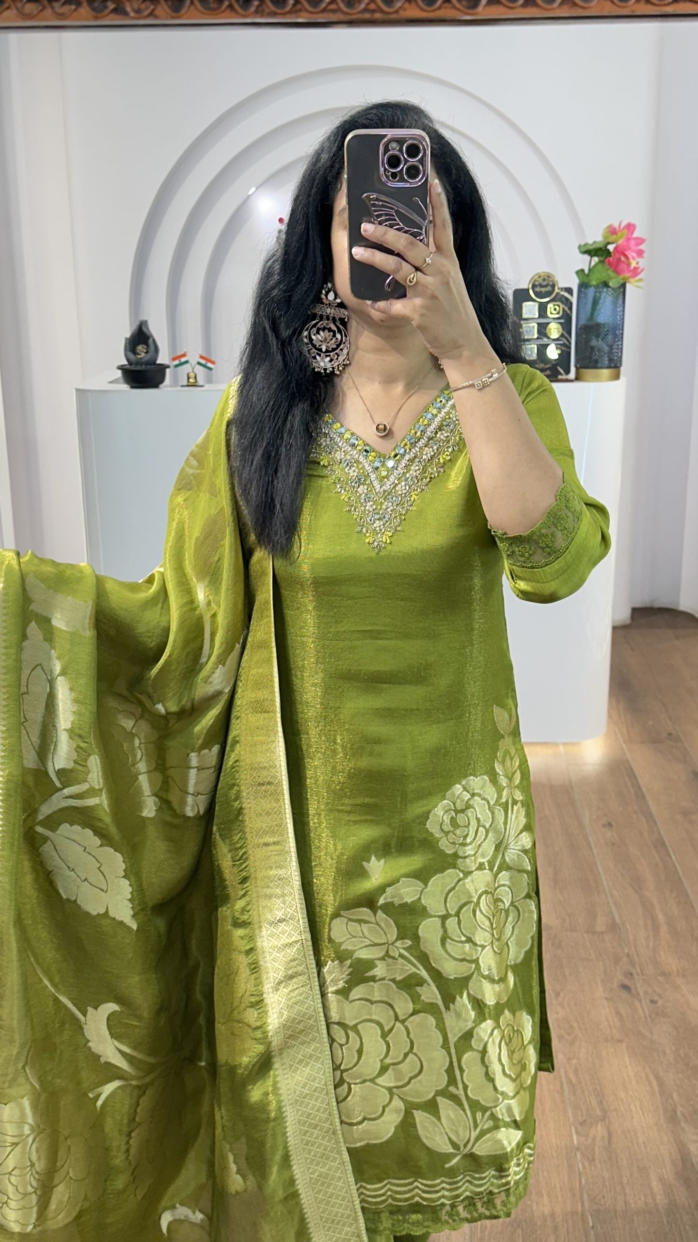 Green Tissue Big Floral Handworked Kurti