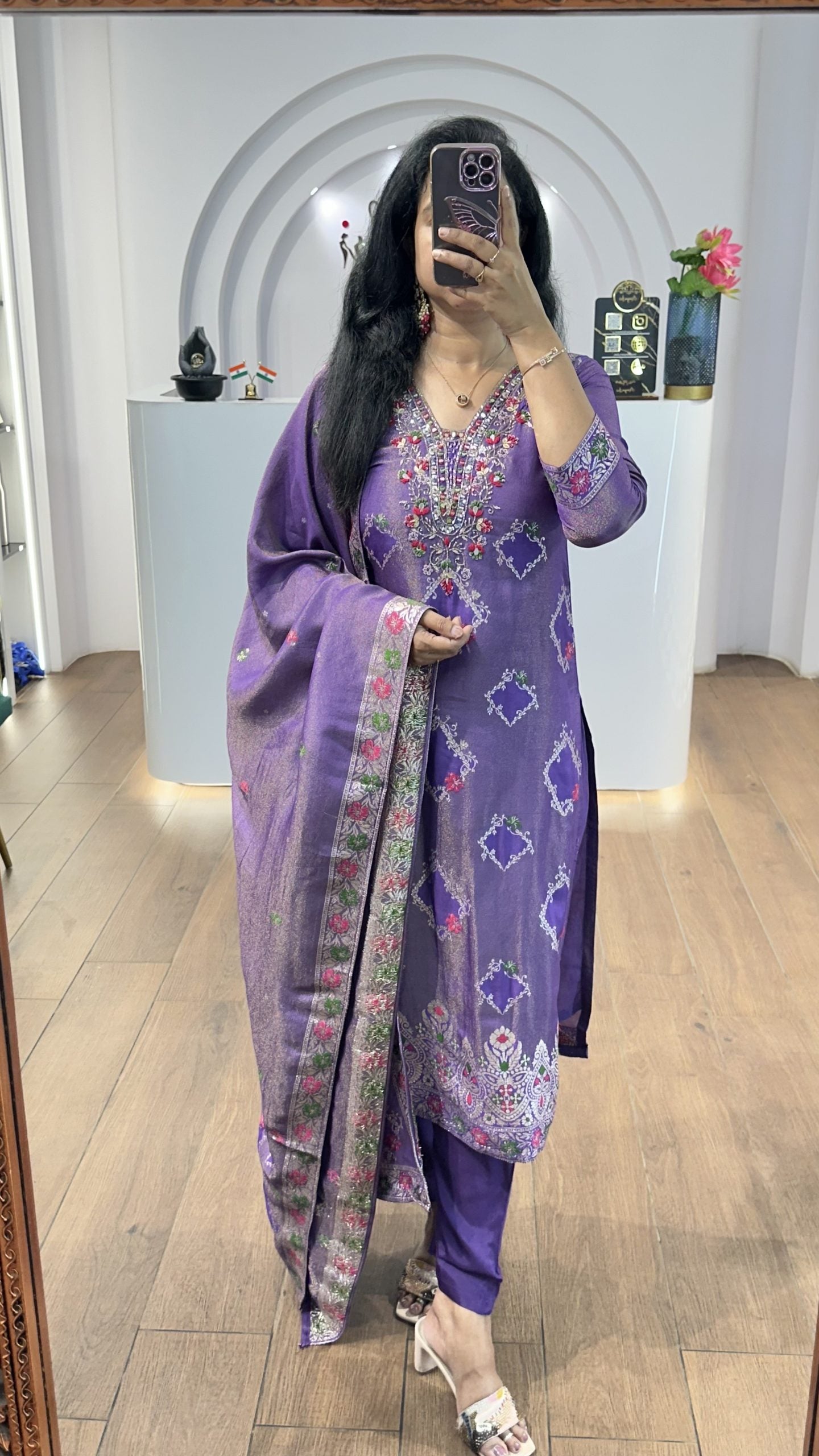 Violet Tissue Floral Handworked Kurti