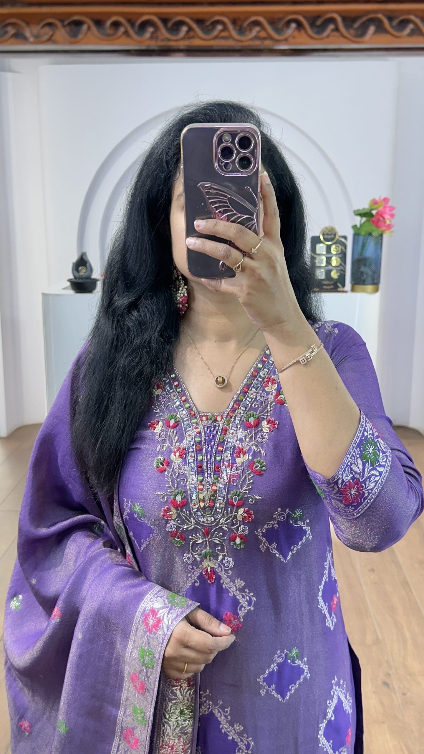 Violet Tissue Floral Handworked Kurti