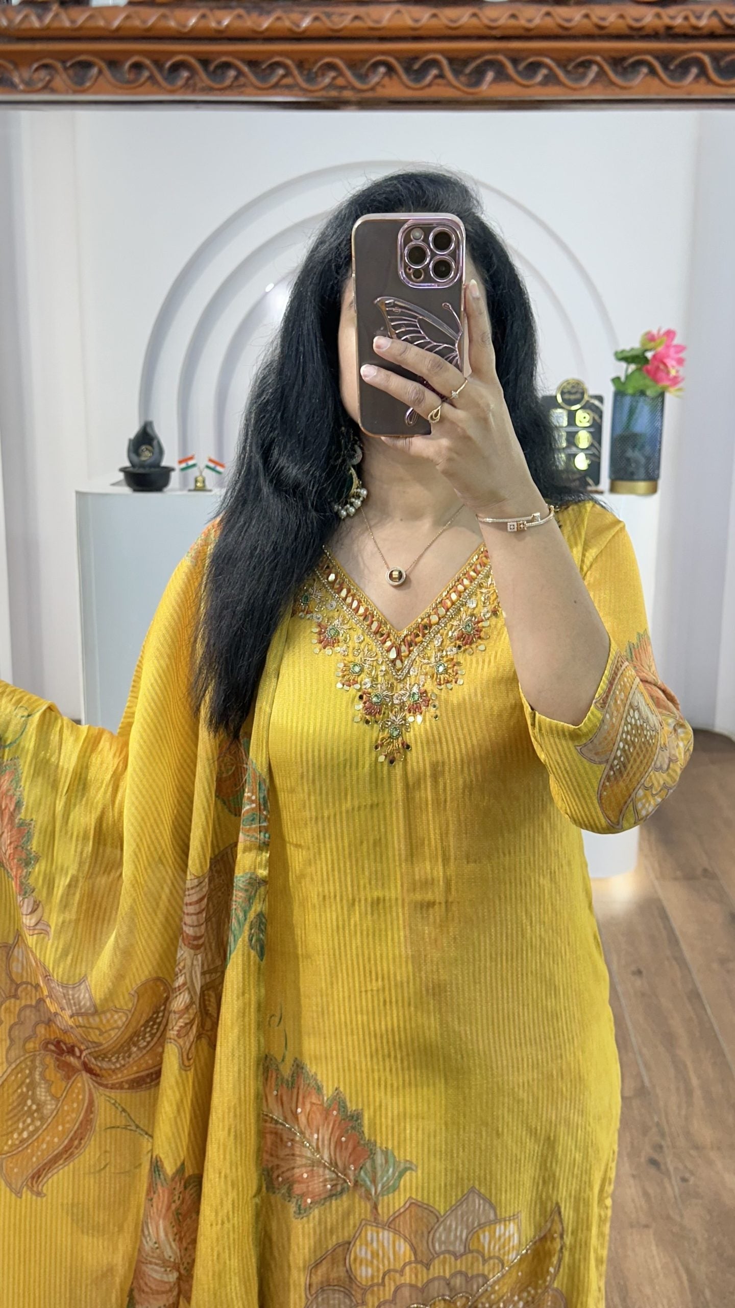 Yellow Tissue Floral Handworked Kurti