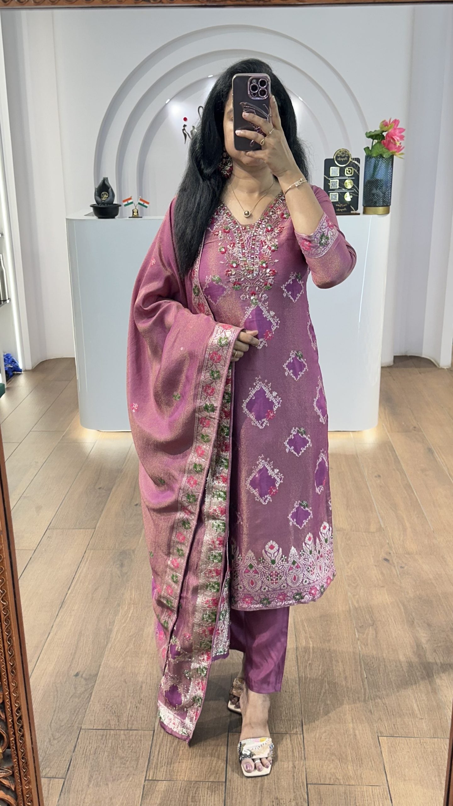 Deep Mauve Tissue Floral Handworked Kurti