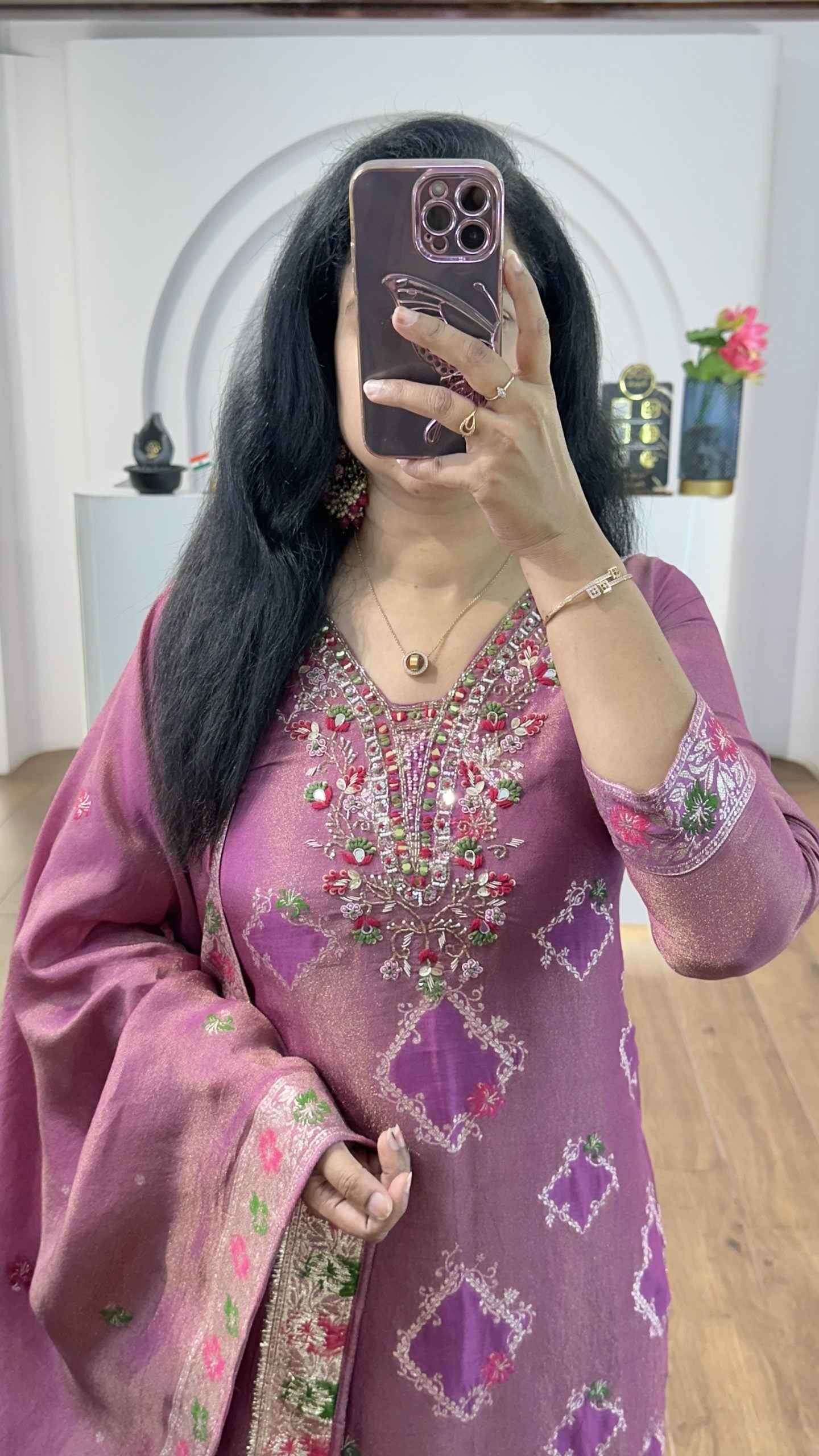 Deep Mauve Tissue Floral Handworked Kurti