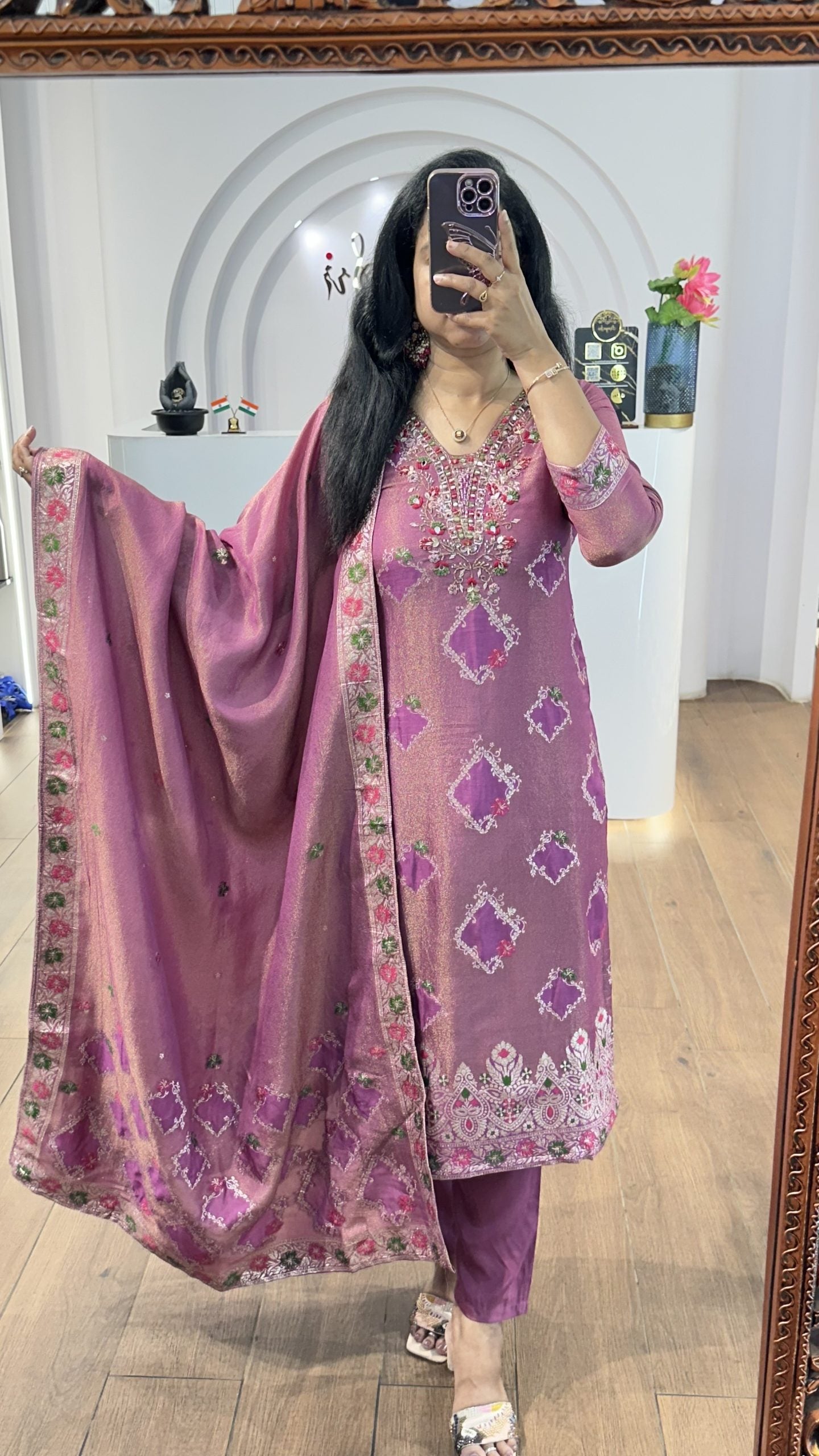 Deep Mauve Tissue Floral Handworked Kurti
