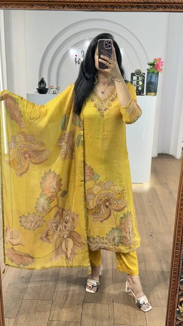 Yellow Tissue Floral Handworked Kurti
