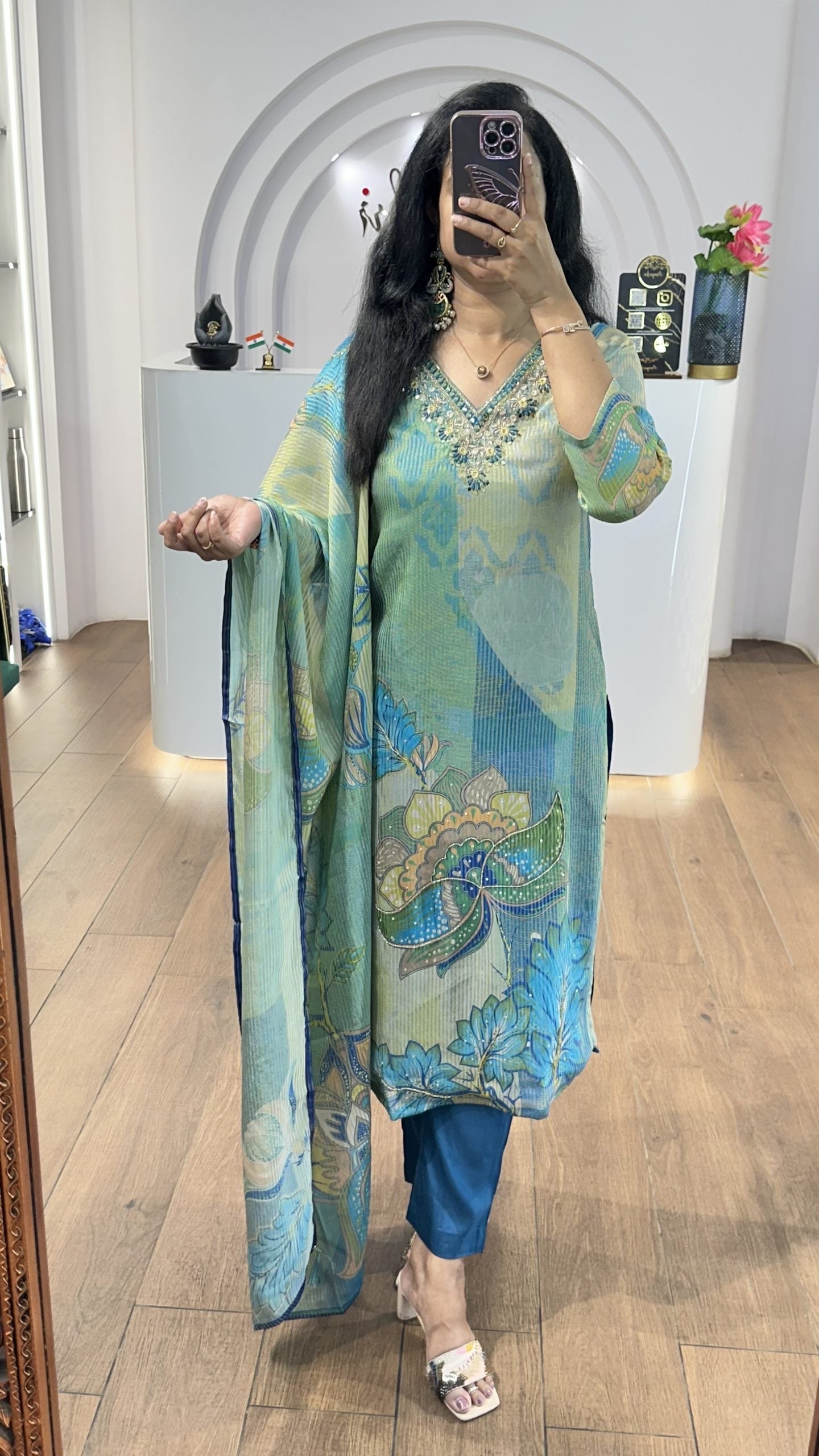 Blue Tissue Floral Handworked Kurti