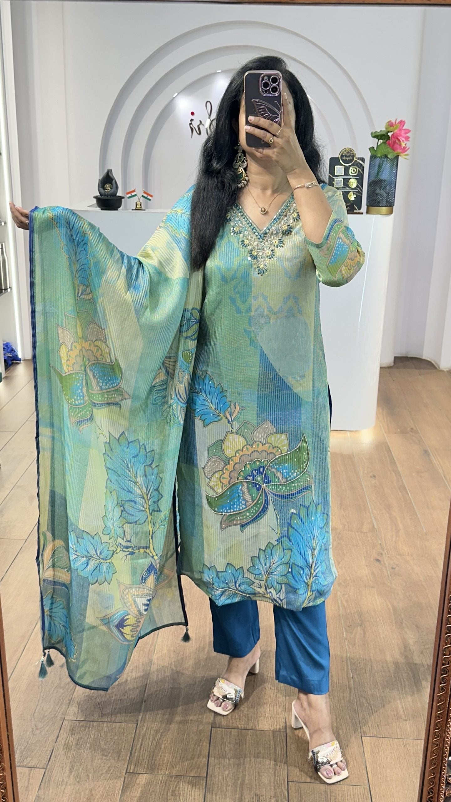 Blue Tissue Floral Handworked Kurti