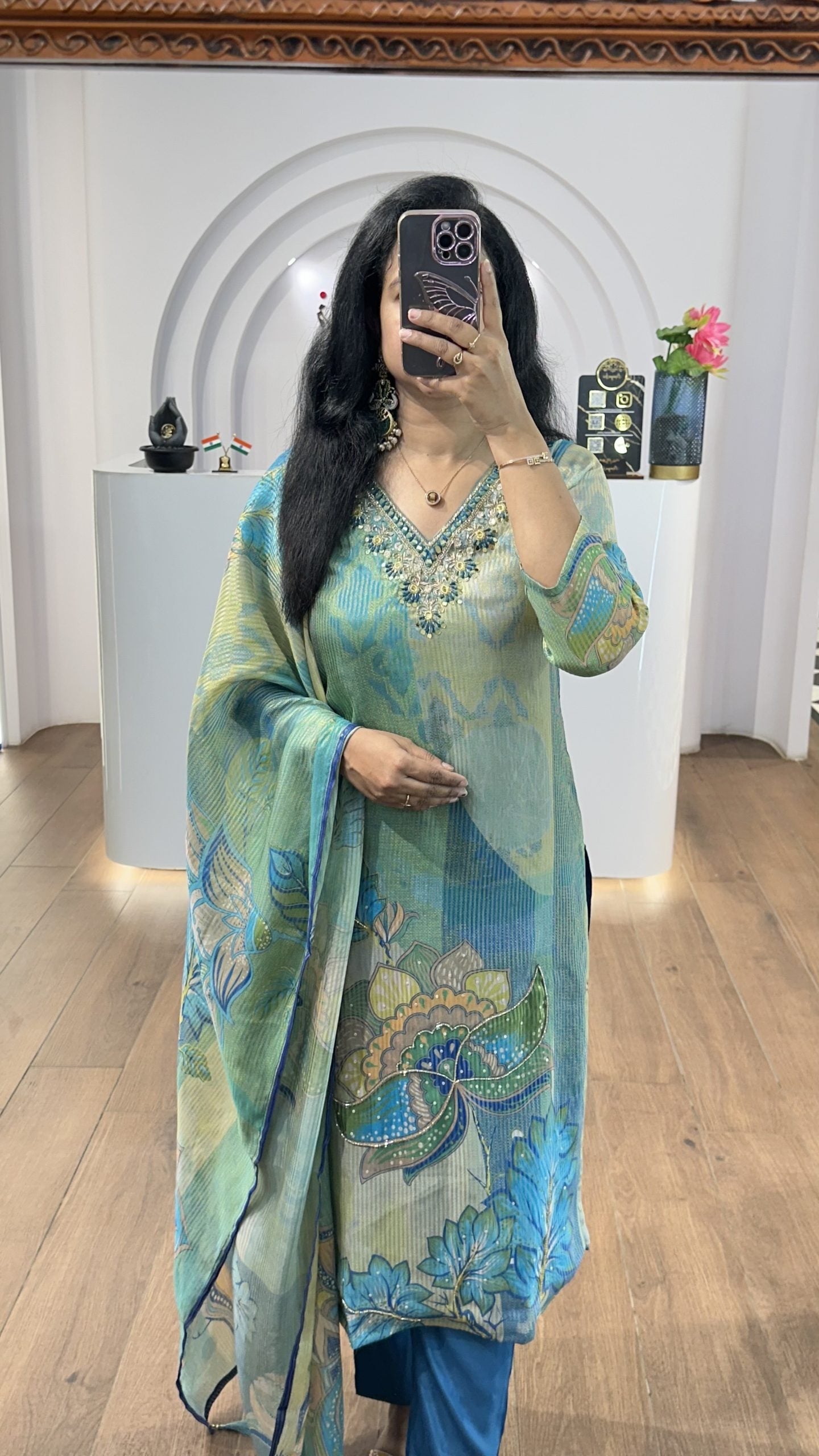 Blue Tissue Floral Handworked Kurti