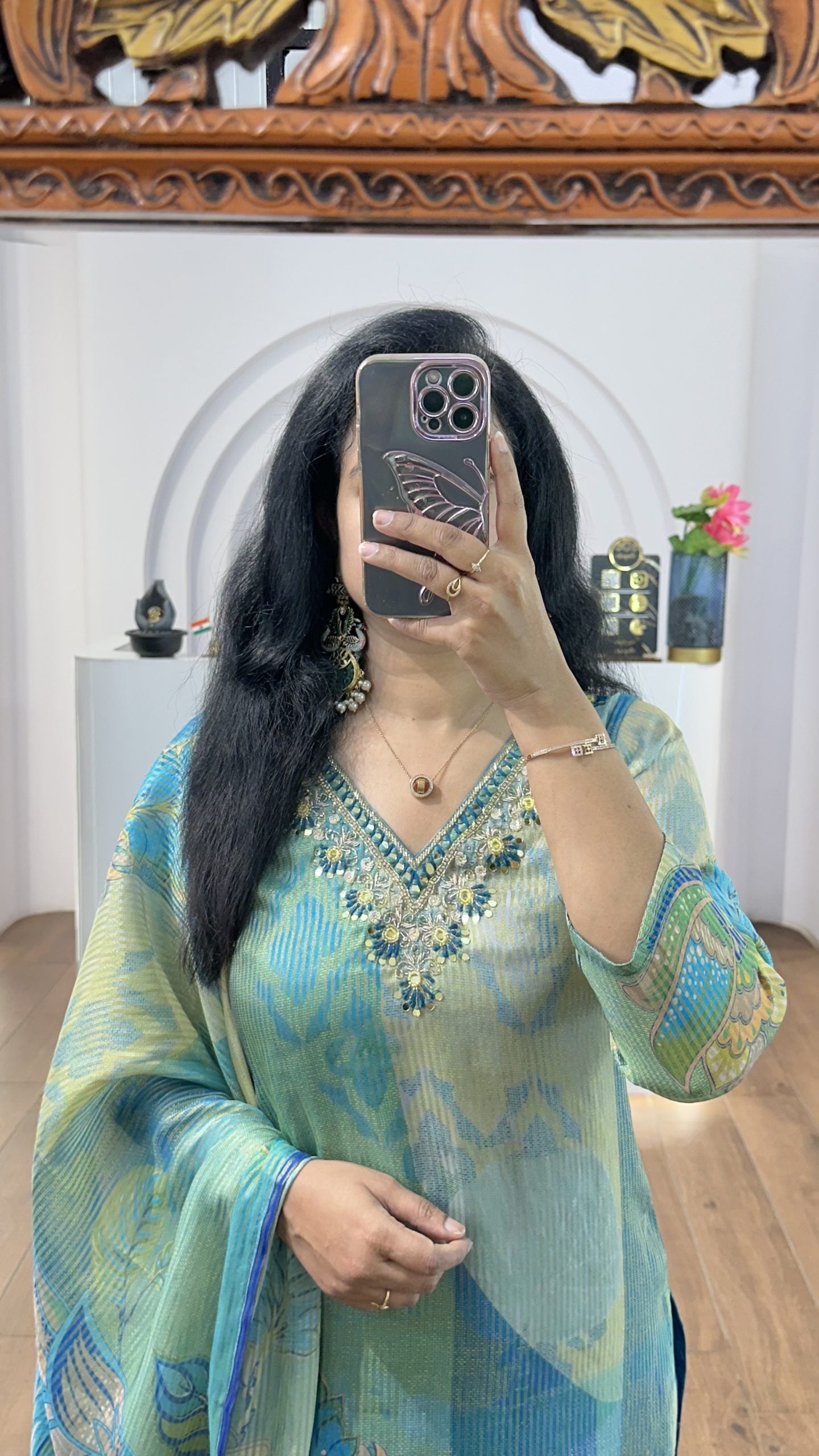 Blue Tissue Floral Handworked Kurti