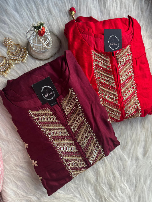 “AAHANA” Dola Silk Party Wear Suit Set With Zardosi & Gota Handwork